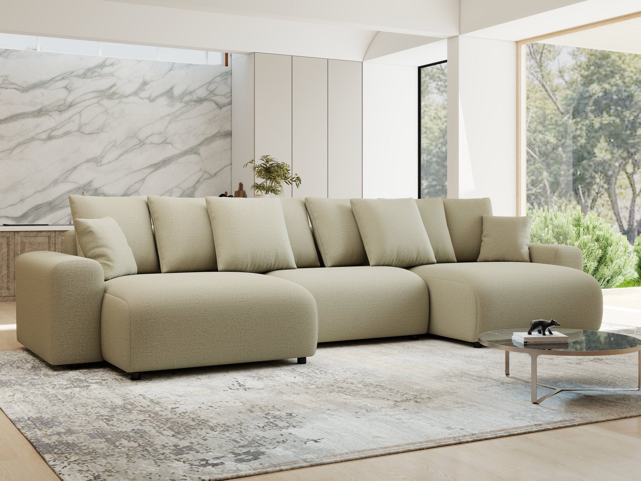 Colțar extensibil dumonde cu ladă de depozitare si sezut confortabil din spuma HR, Luma U Enjoy Bej 336x140 cm