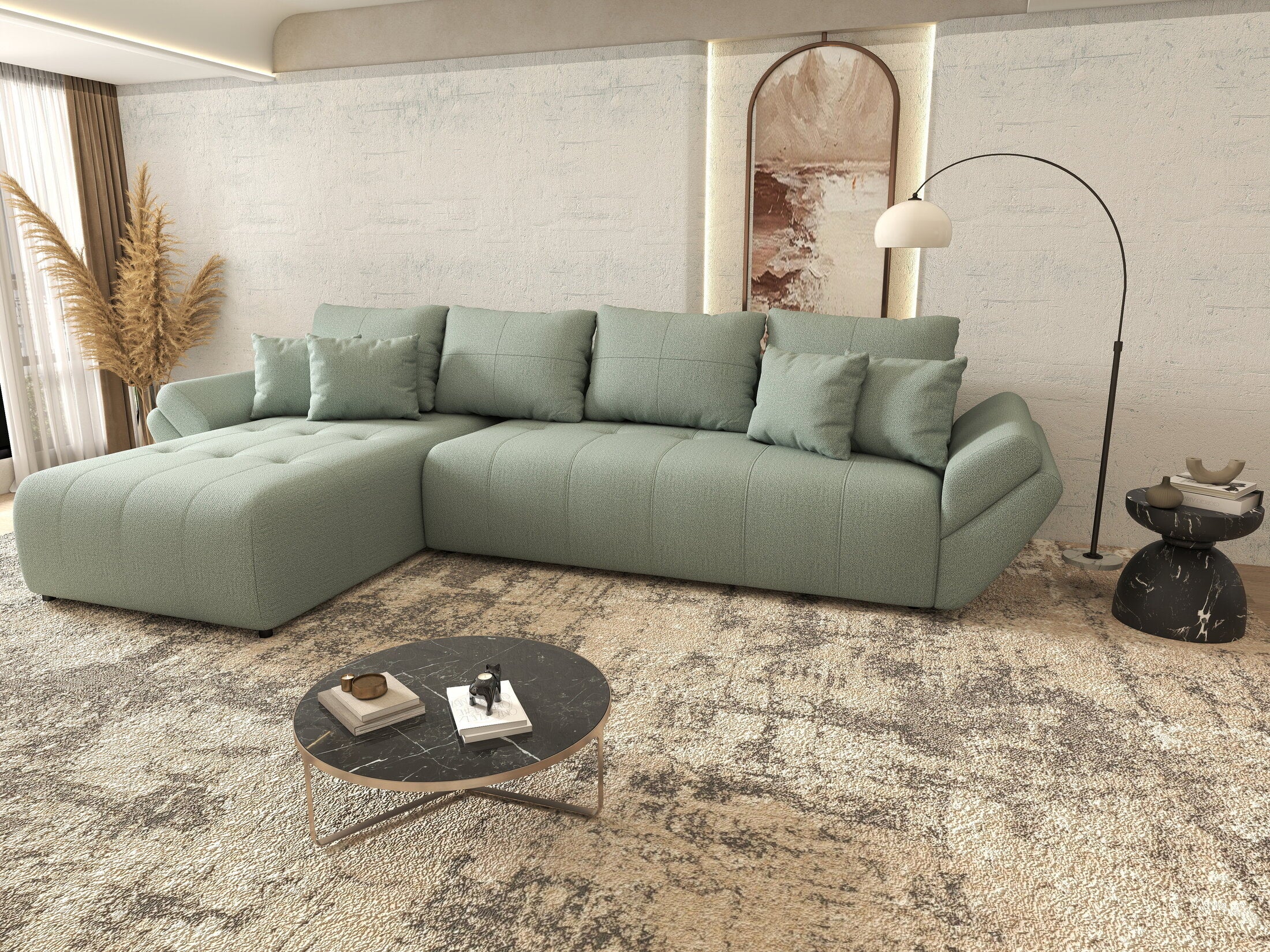 Colțar extensibil dumonde cu ladă de depozitare si sezut confortabil din spuma HR, Berlin XL Enjoy Mint 350x185 cm