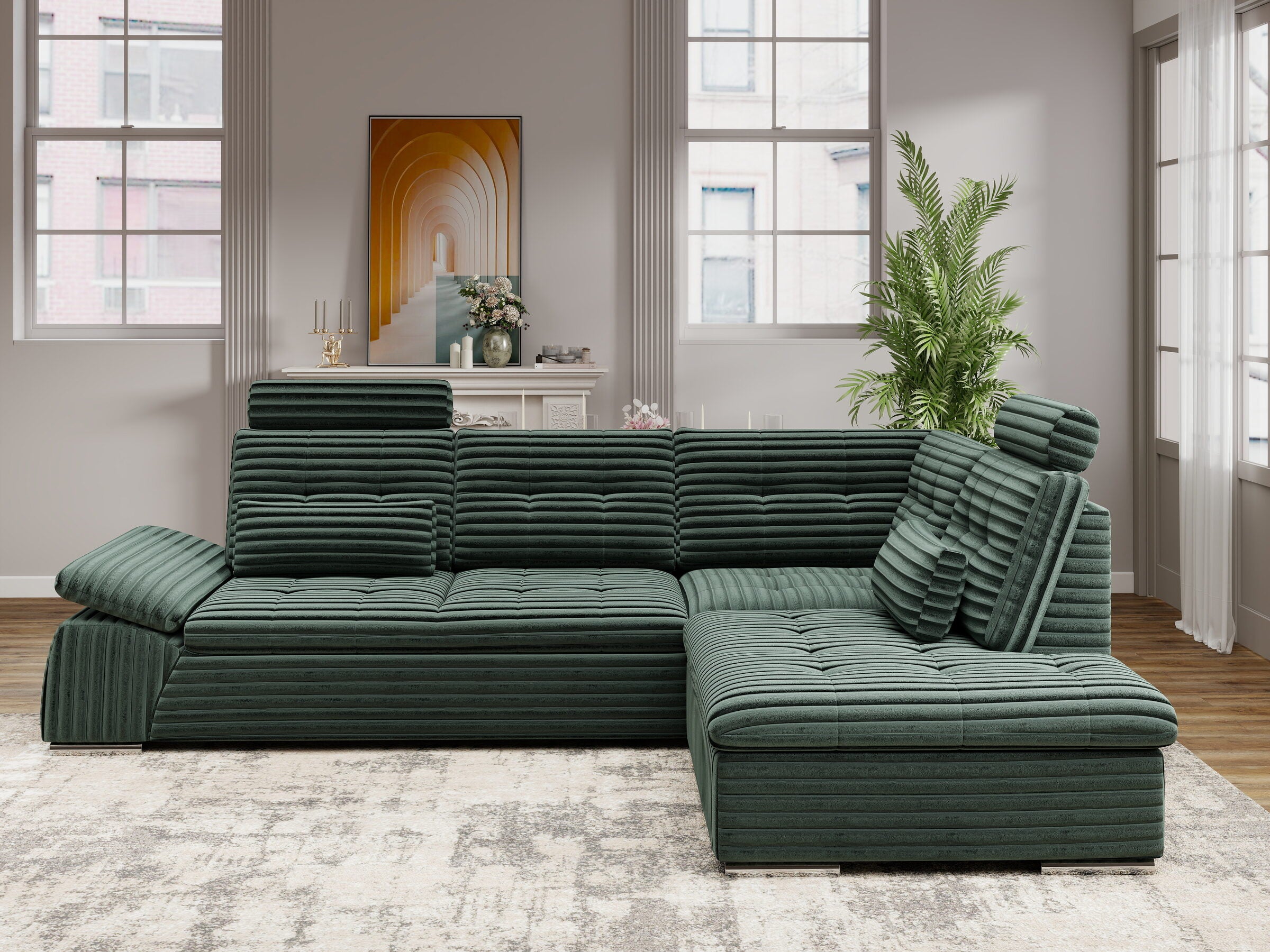 Colțar extensibil dumonde cu ladă de depozitare și șezut confortabil din spumă HR, Merkur XL Ambience Verde 256x217 cm II