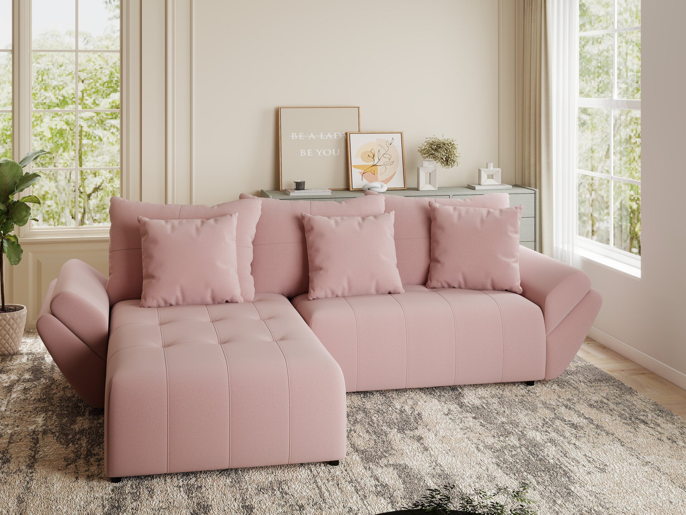 Colțar extensibil dumonde cu ladă de depozitare si sezut confortabil din spuma HR, Berlin Royal Roz 280x185 cm