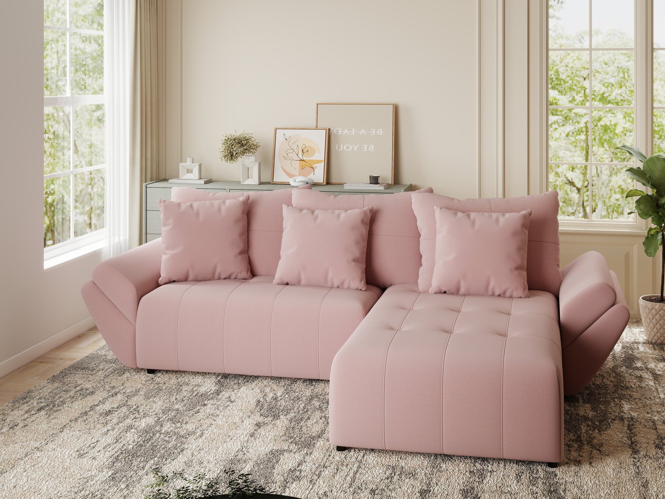 Colțar extensibil dumonde cu ladă de depozitare si sezut confortabil din spuma HR, Berlin Royal Roz 280x185 cm II