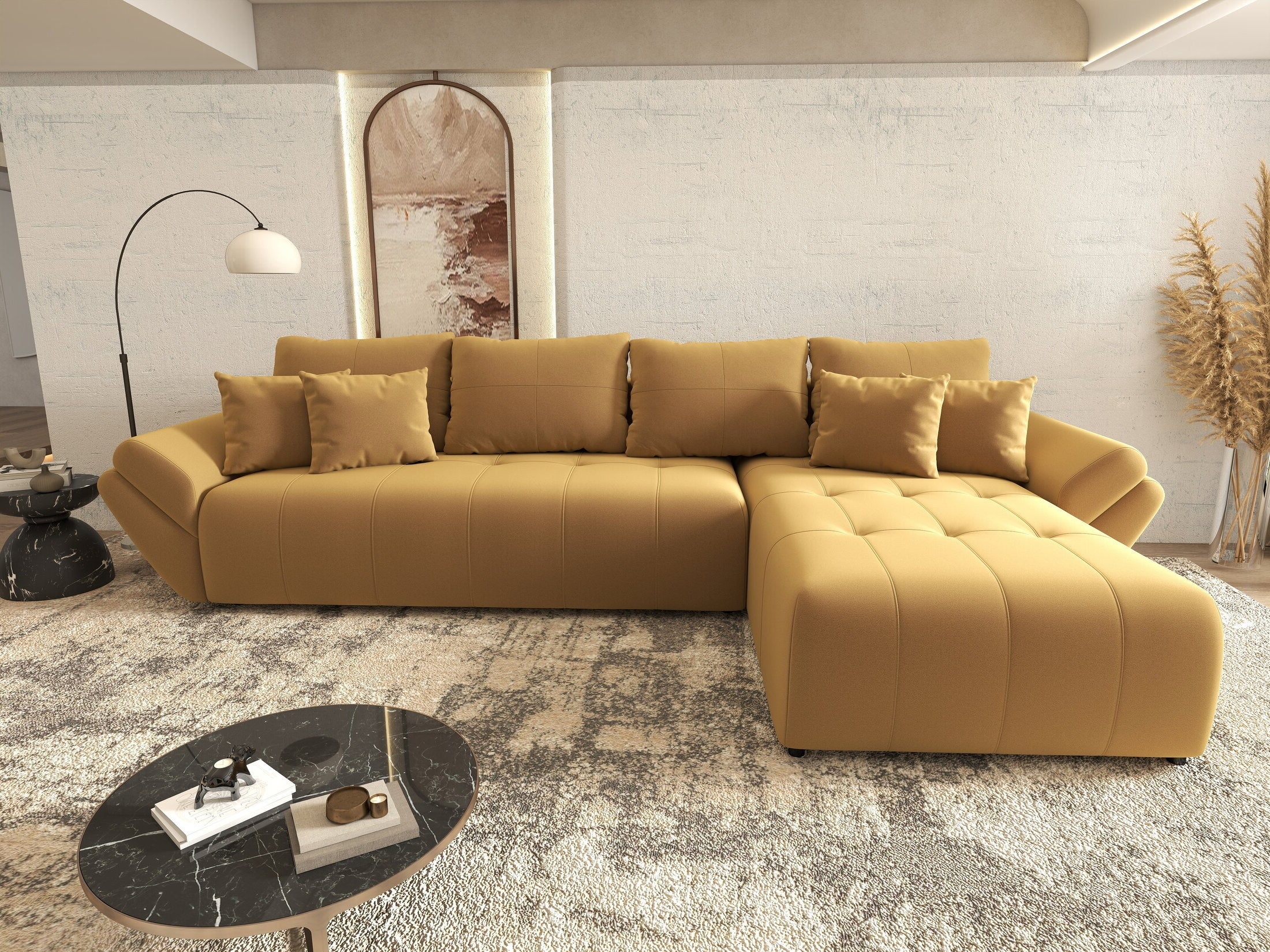 Colțar extensibil dumonde cu ladă de depozitare si sezut confortabil din spuma HR, Berlin XL Royal Mustar 350x185 cm II