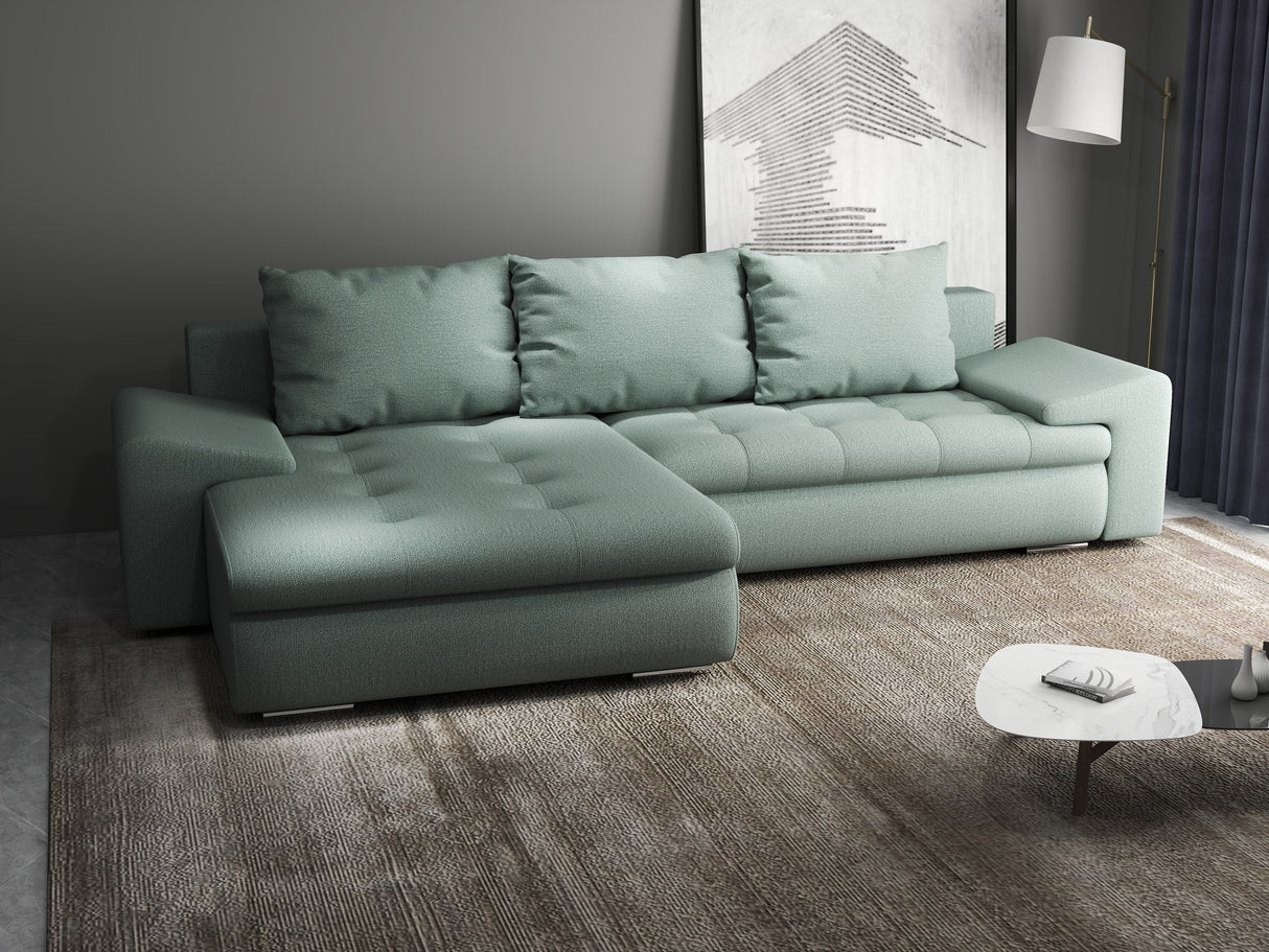 Colțar extensibil dumonde cu ladă de depozitare si sezut confortabil din spuma HR, Leonardo Enjoy Verde Mint 255x193 cm