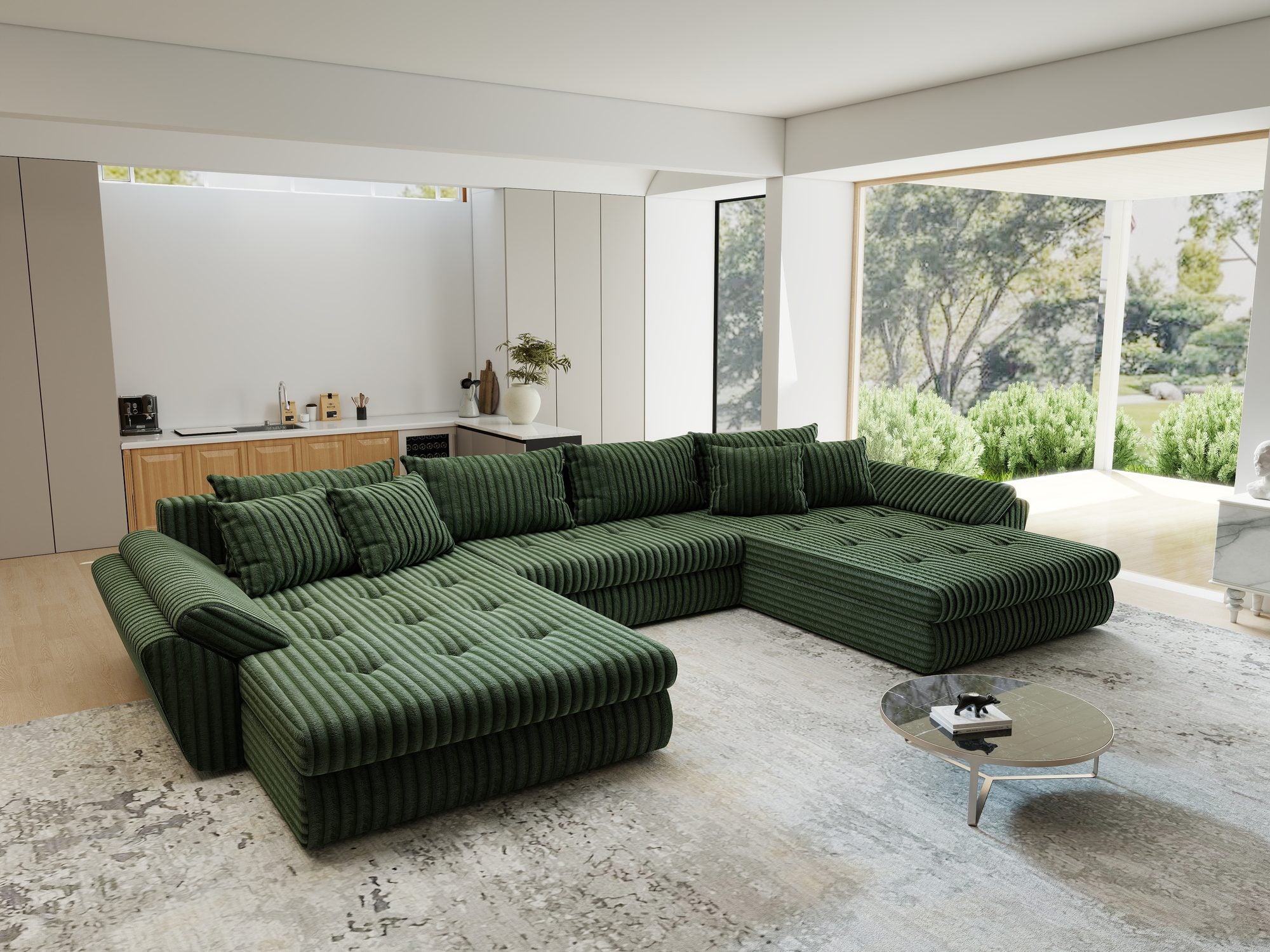 Colțar extensibil dumonde cu ladă de depozitare si sezut confortabil din spuma high-density, Loana U Tilia Verde 39 355x185 cm