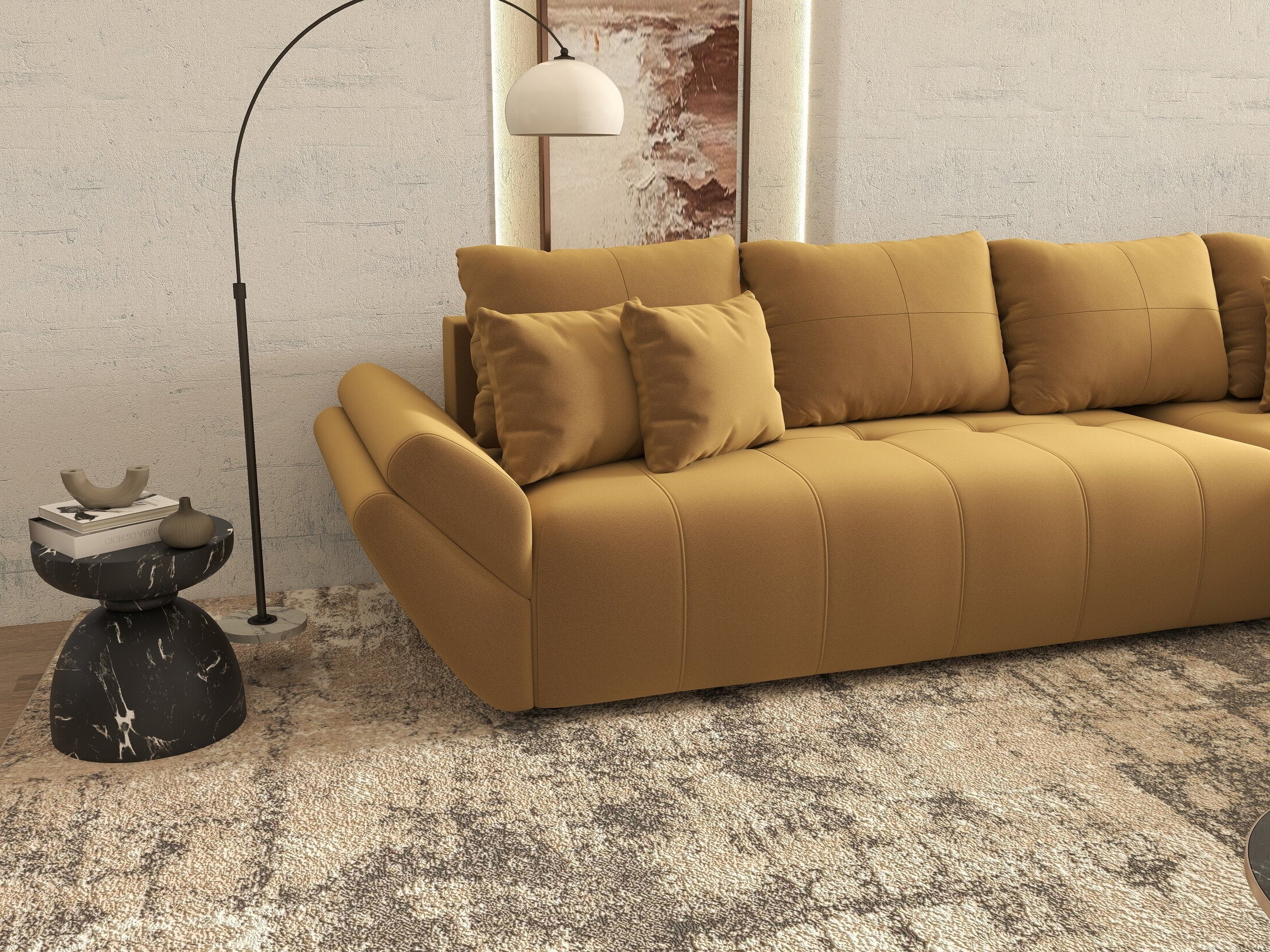 Colțar extensibil dumonde cu ladă de depozitare si sezut confortabil din spuma HR, Berlin XL Royal Mustar 350x185 cm II