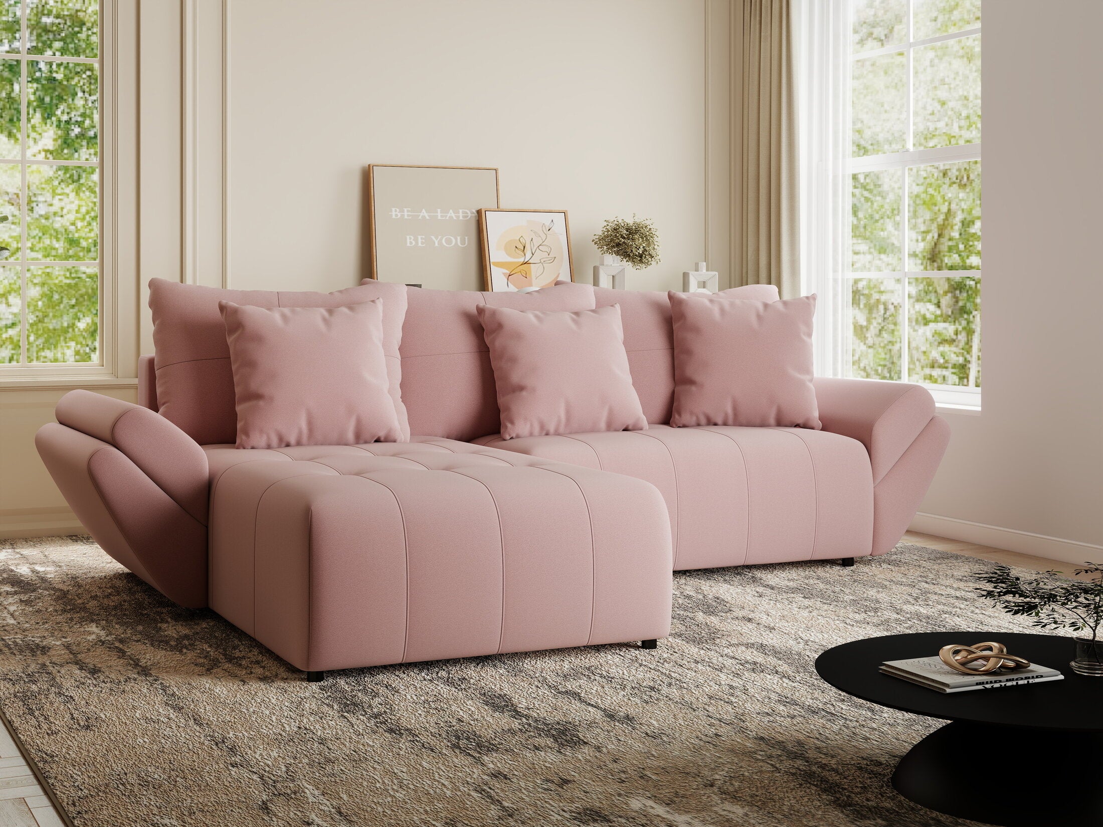 Colțar extensibil dumonde cu ladă de depozitare si sezut confortabil din spuma HR, Berlin Royal Roz 280x185 cm