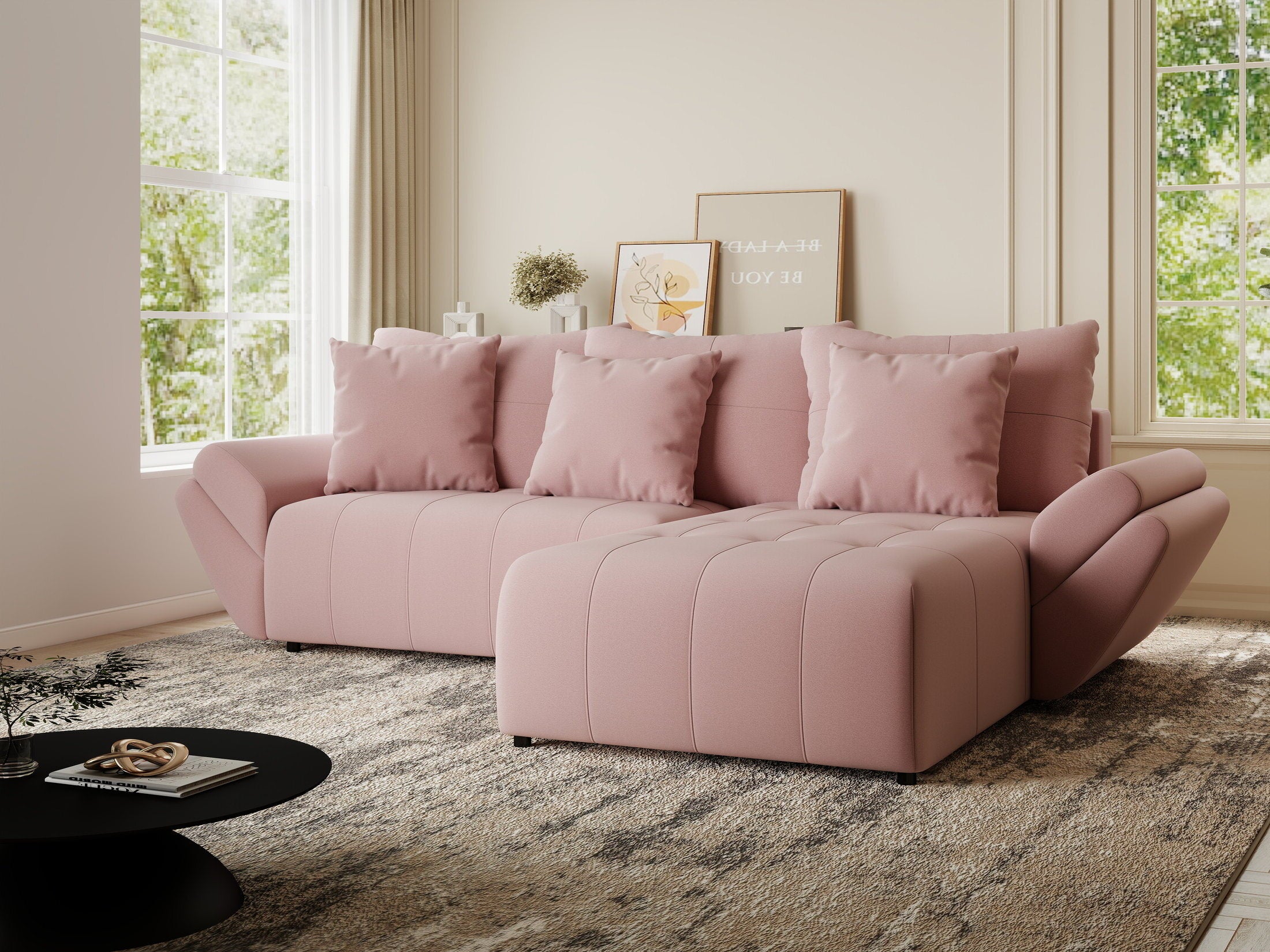 Colțar extensibil dumonde cu ladă de depozitare si sezut confortabil din spuma HR, Berlin Royal Roz 280x185 cm II