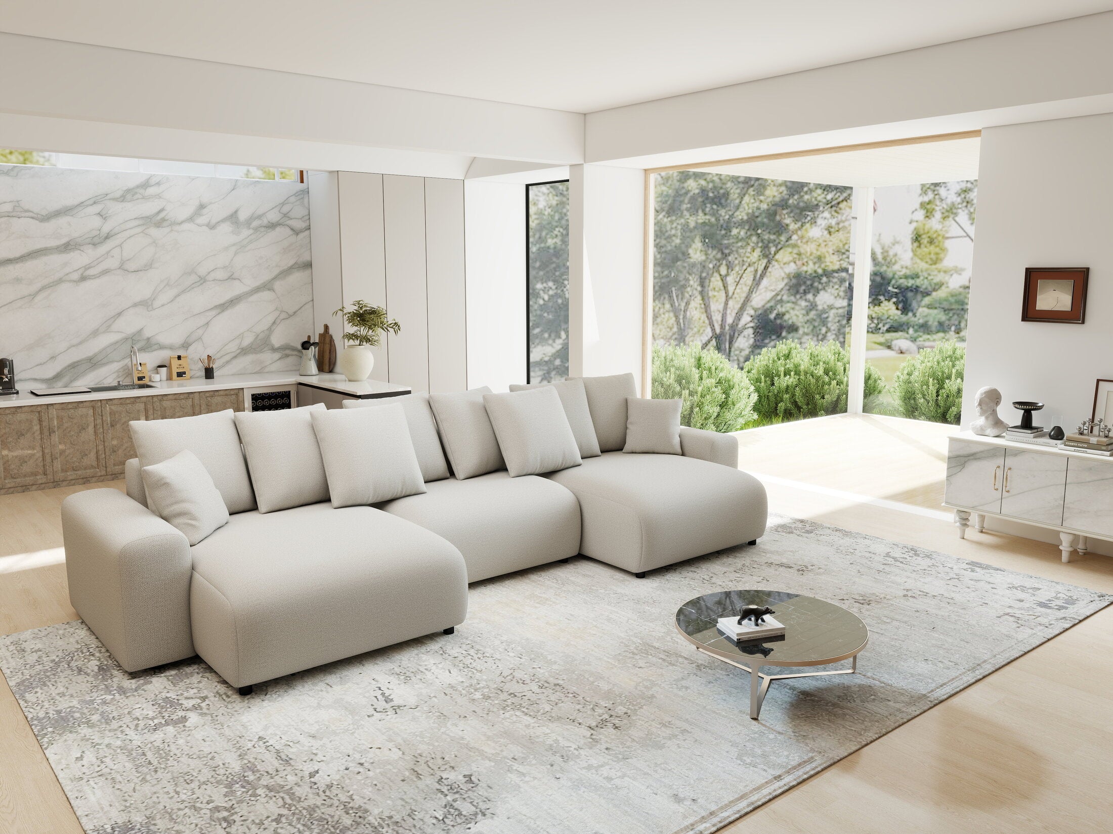 Colțar extensibil dumonde cu ladă de depozitare si sezut confortabil din spuma HR, Luma U Enjoy Bej 336x140 cm