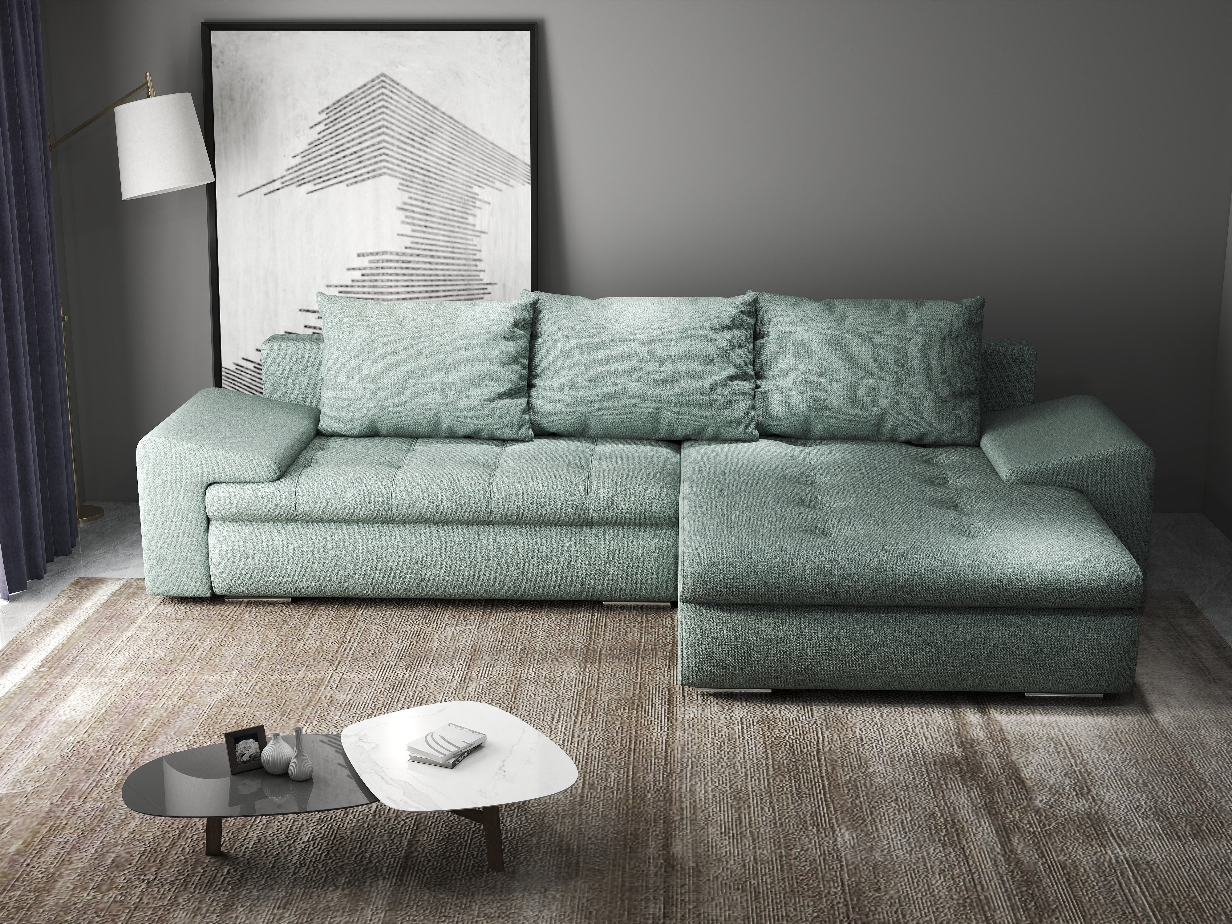 Colțar extensibil dumonde cu ladă de depozitare si sezut confortabil din spuma HR, Leonardo Enjoy Verde Mint 255x193 cm II Fabrica