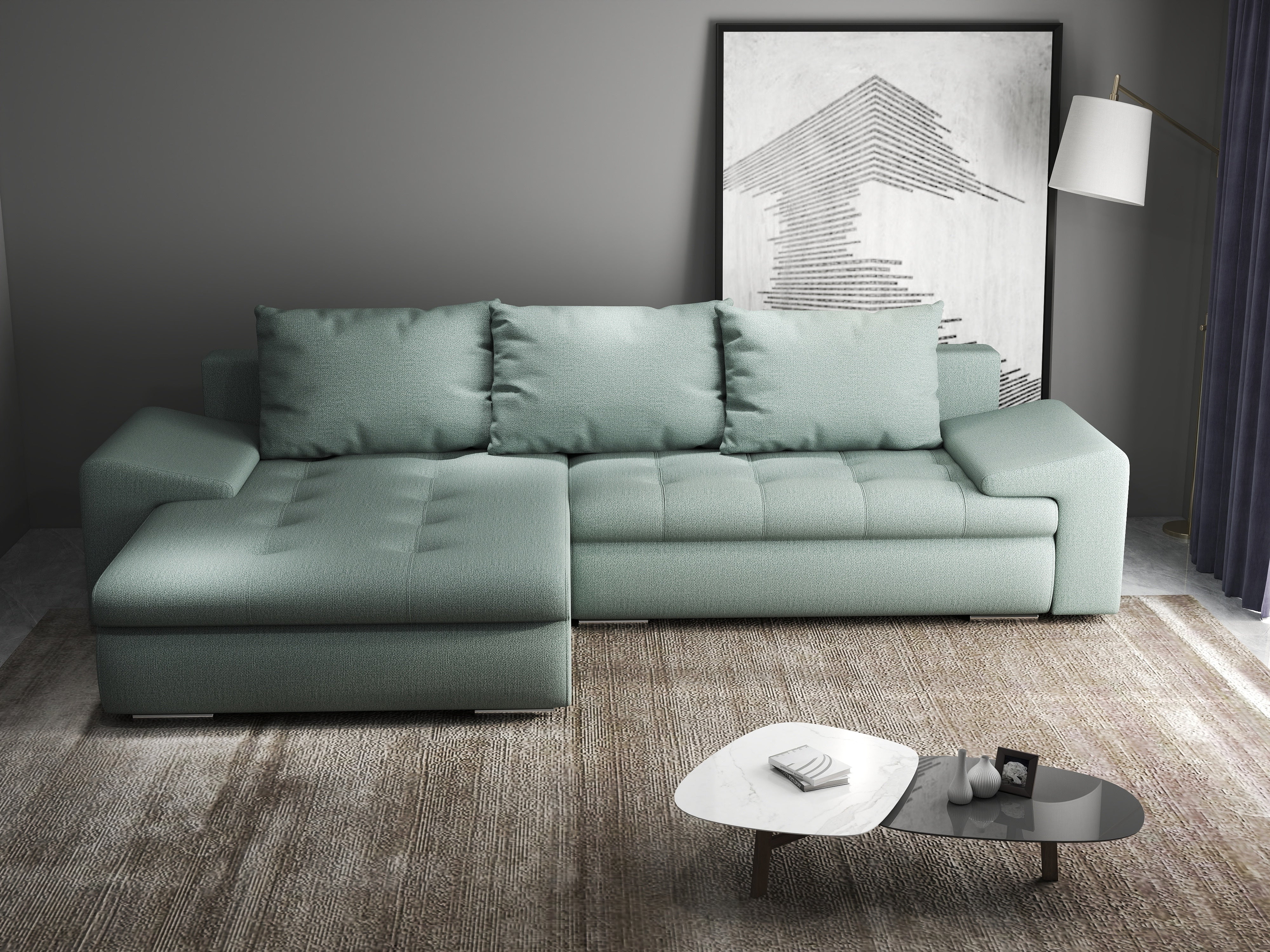 Colțar extensibil dumonde cu ladă de depozitare si sezut confortabil din spuma HR, Leonardo Enjoy Mint 255x193 cm Fabrica
