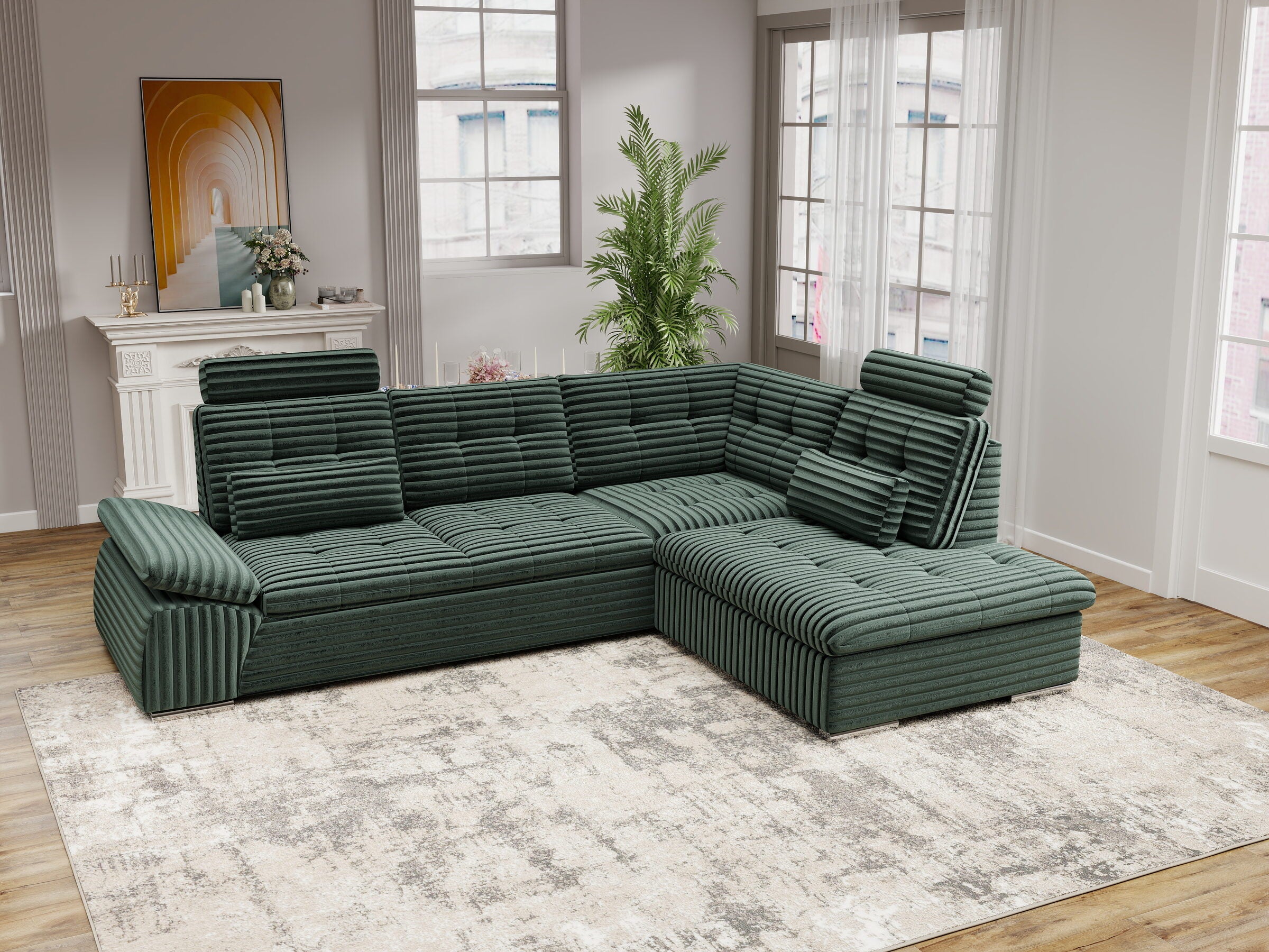 Colțar extensibil dumonde cu ladă de depozitare și șezut confortabil din spumă HR, Merkur XL Ambience Verde 256x217 cm II