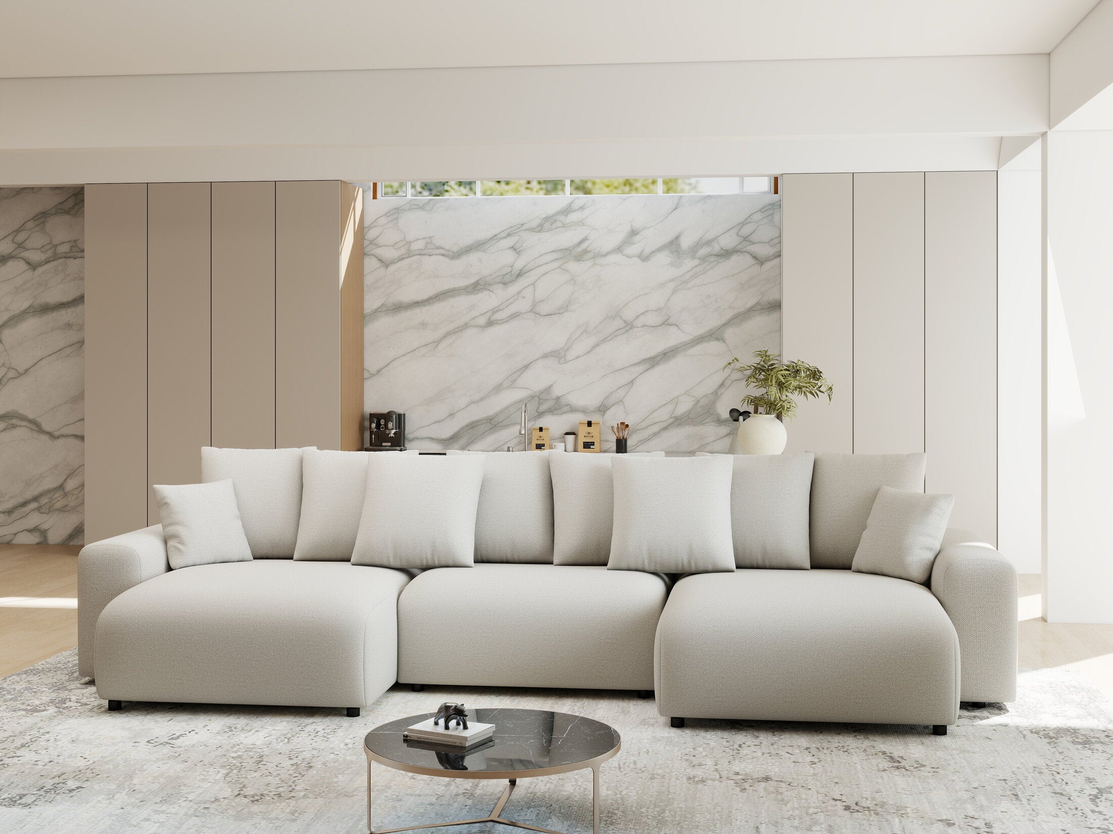 Colțar extensibil dumonde cu ladă de depozitare si sezut confortabil din spuma HR, Luma U Enjoy Bej 336x140 cm