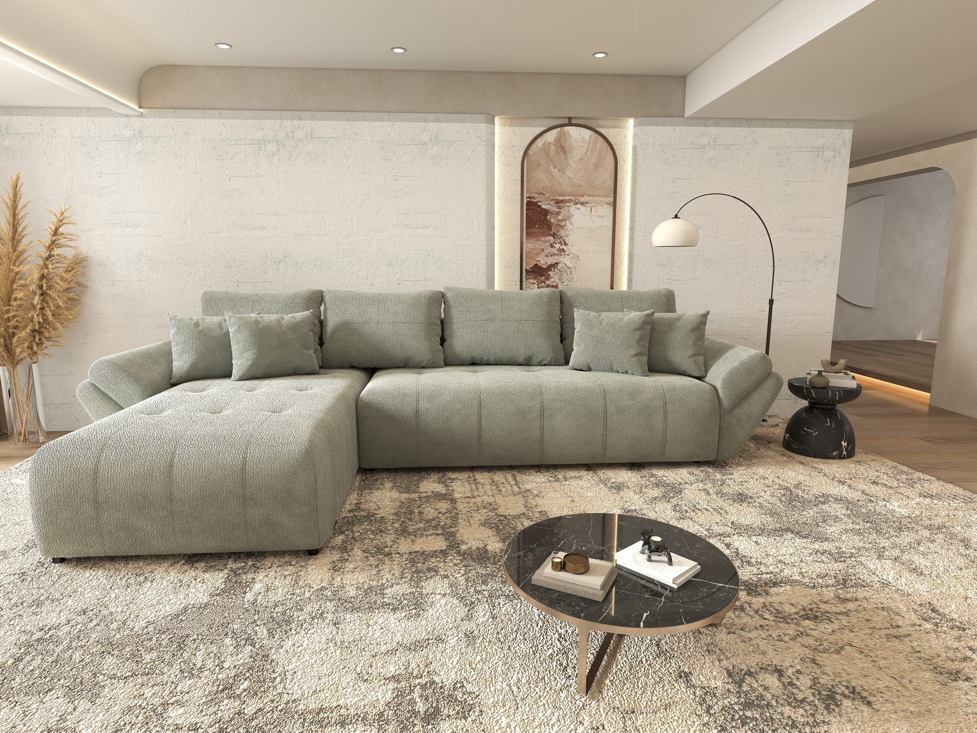 Colțar extensibil dumonde cu ladă de depozitare si sezut confortabil din spuma high-density, Berlin XL Vibe Mint 85 350x185 cm