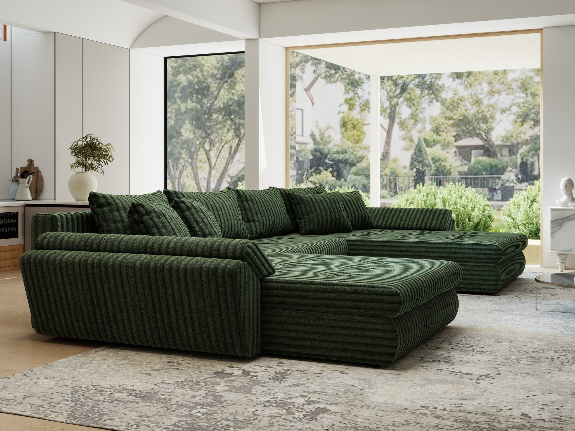 Colțar extensibil dumonde cu ladă de depozitare si sezut confortabil din spuma high-density, Loana U Tilia Verde 39 355x185 cm