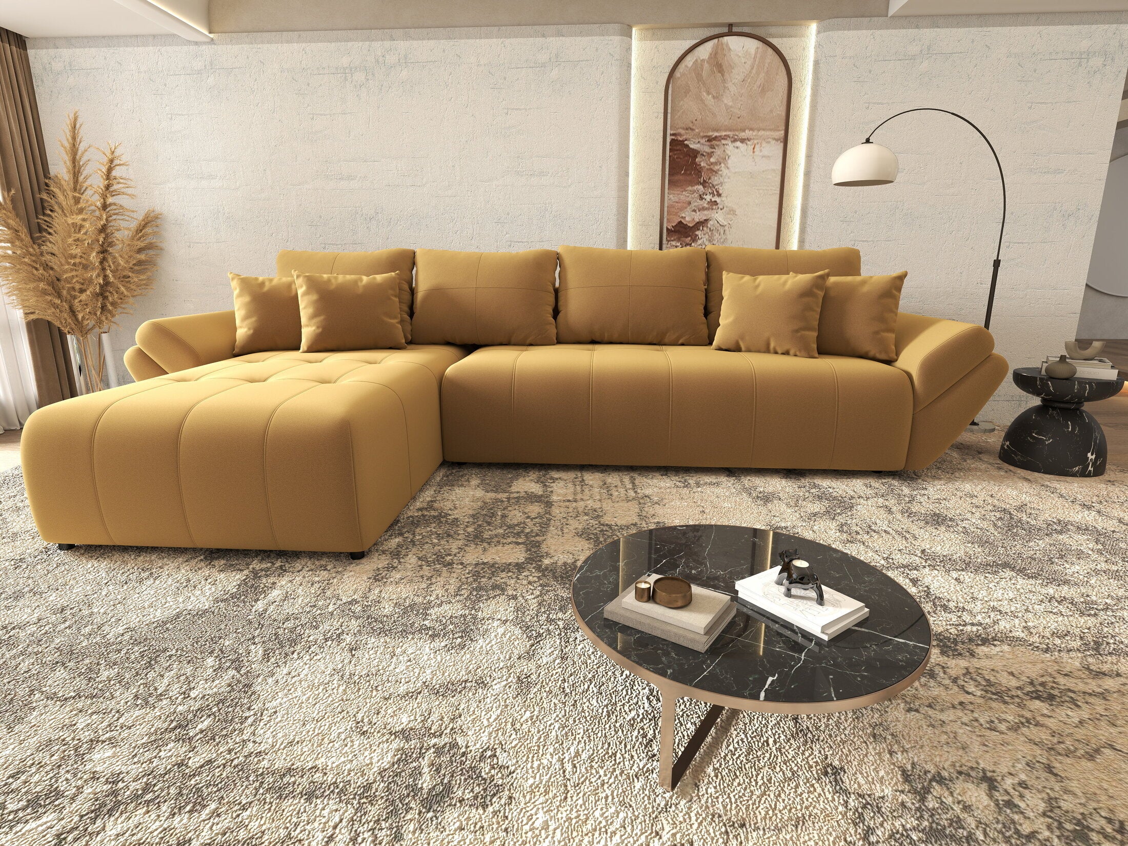 Colțar extensibil dumonde cu ladă de depozitare si sezut confortabil din spuma HR, Berlin XL Royal Mustar 350x185 cm