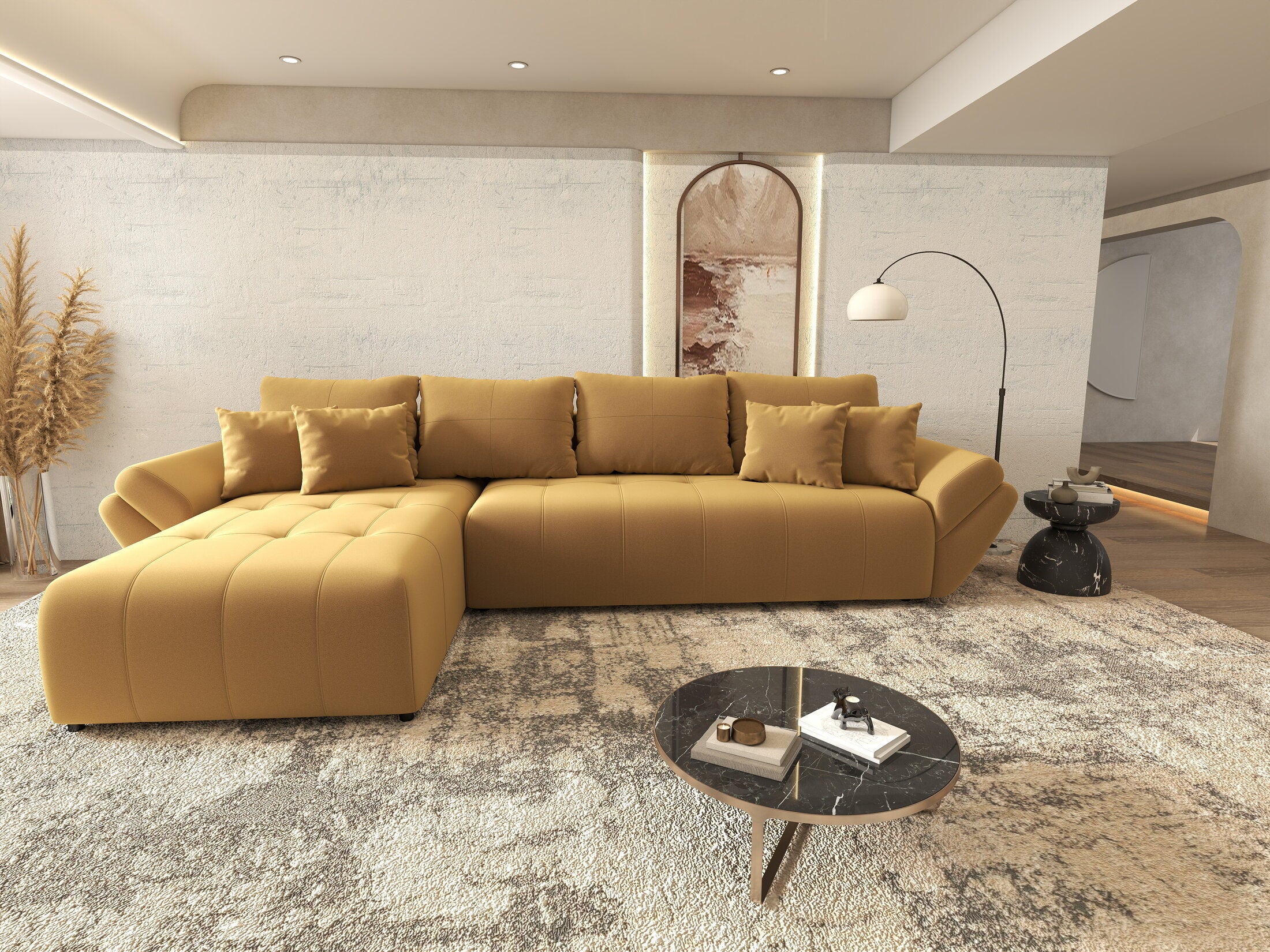 Colțar extensibil dumonde cu ladă de depozitare si sezut confortabil din spuma HR, Berlin XL Royal Mustar 350x185 cm