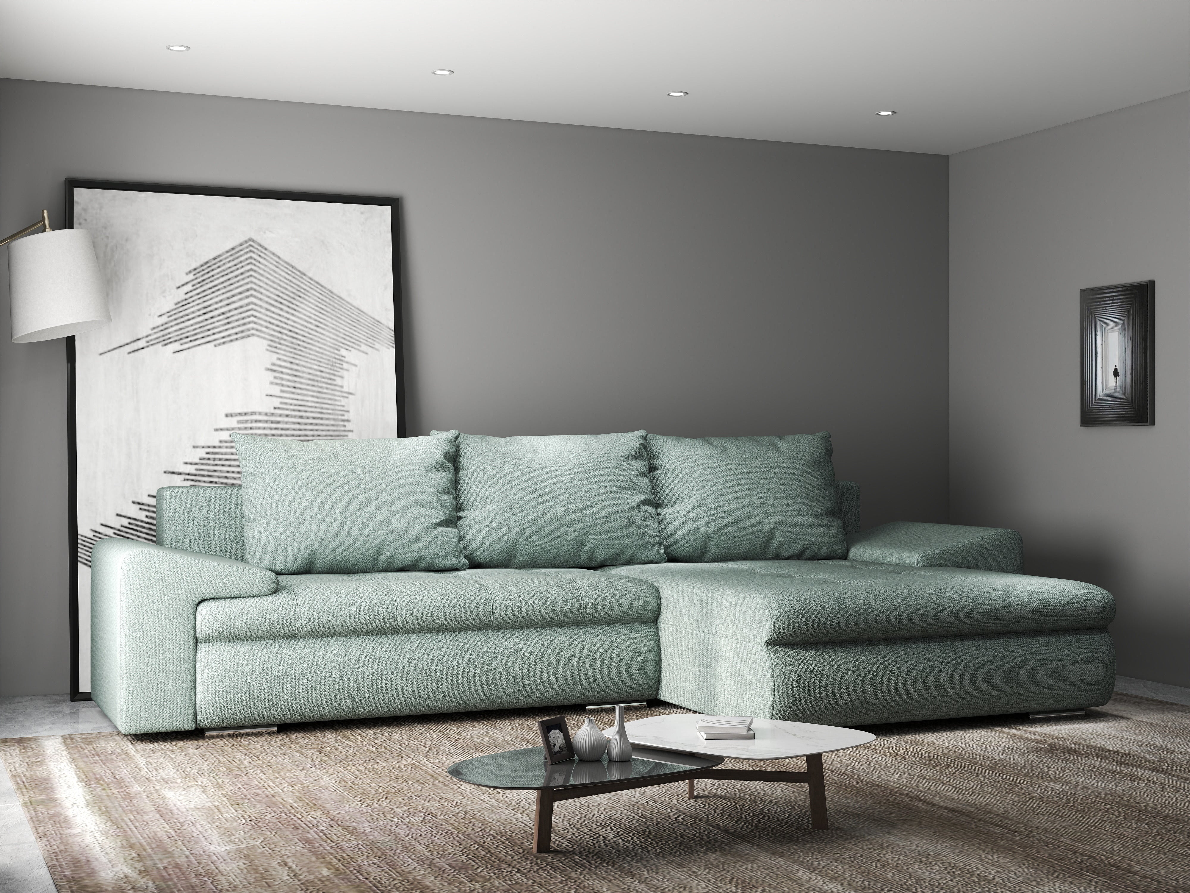 Colțar extensibil dumonde cu ladă de depozitare si sezut confortabil din spuma HR, Leonardo Enjoy Verde Mint 255x193 cm II Fabrica