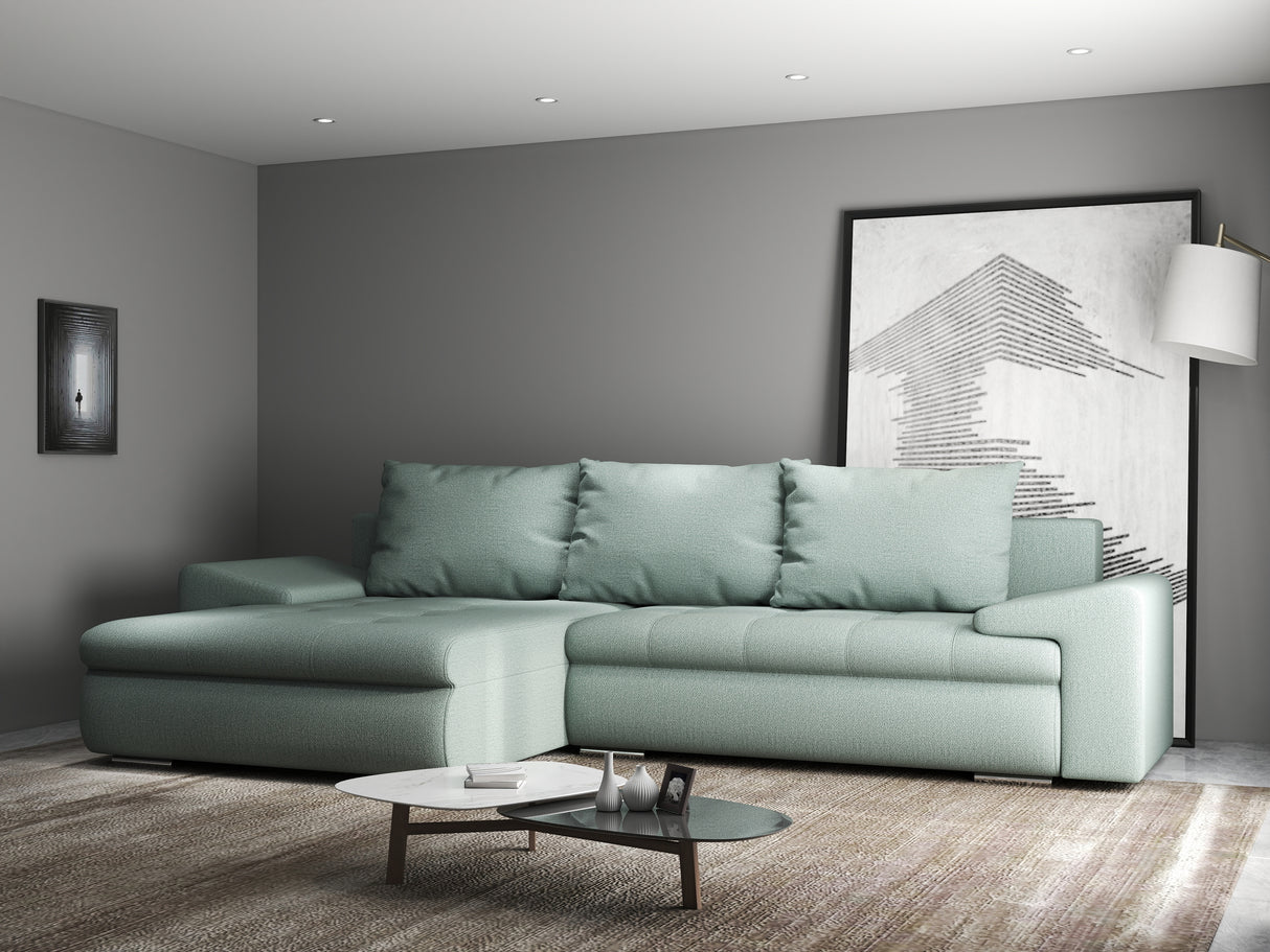 Colțar extensibil dumonde cu ladă de depozitare si sezut confortabil din spuma HR, Leonardo Enjoy Verde Mint 255x193 cm