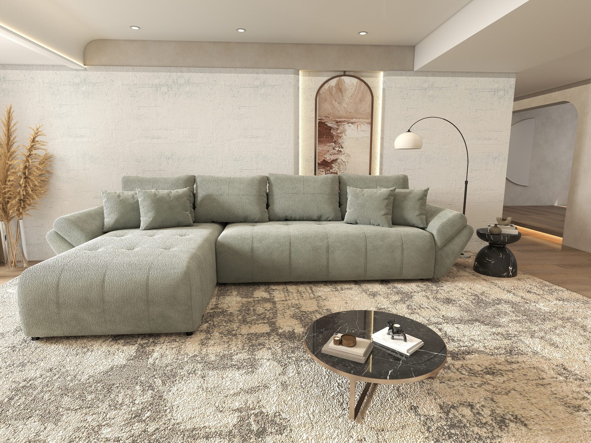 Colțar extensibil dumonde cu ladă de depozitare si sezut confortabil din spuma high-density, Berlin XL Vibe Mint 85 350x185 cm