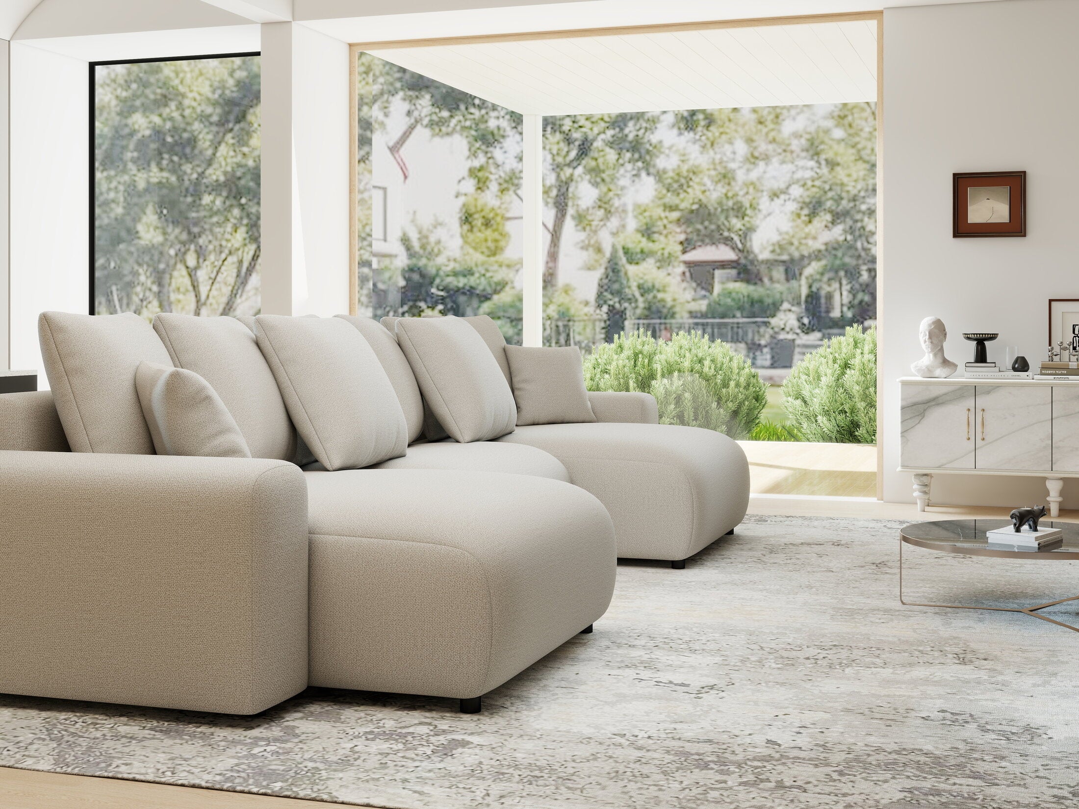 Colțar extensibil dumonde cu ladă de depozitare si sezut confortabil din spuma HR, Luma U Enjoy Bej 336x140 cm