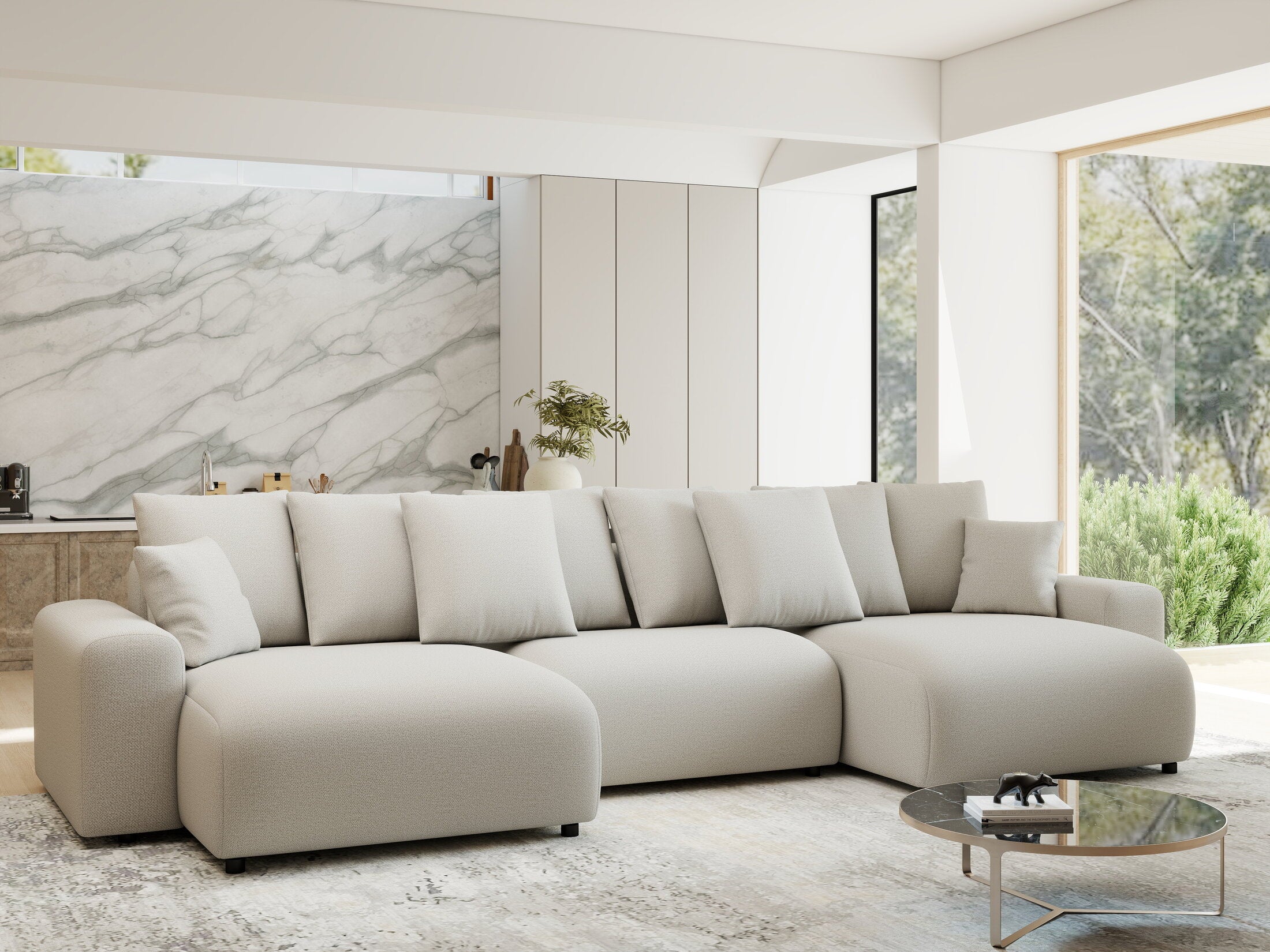 Colțar extensibil dumonde cu ladă de depozitare si sezut confortabil din spuma HR, Luma U Enjoy Bej 336x140 cm