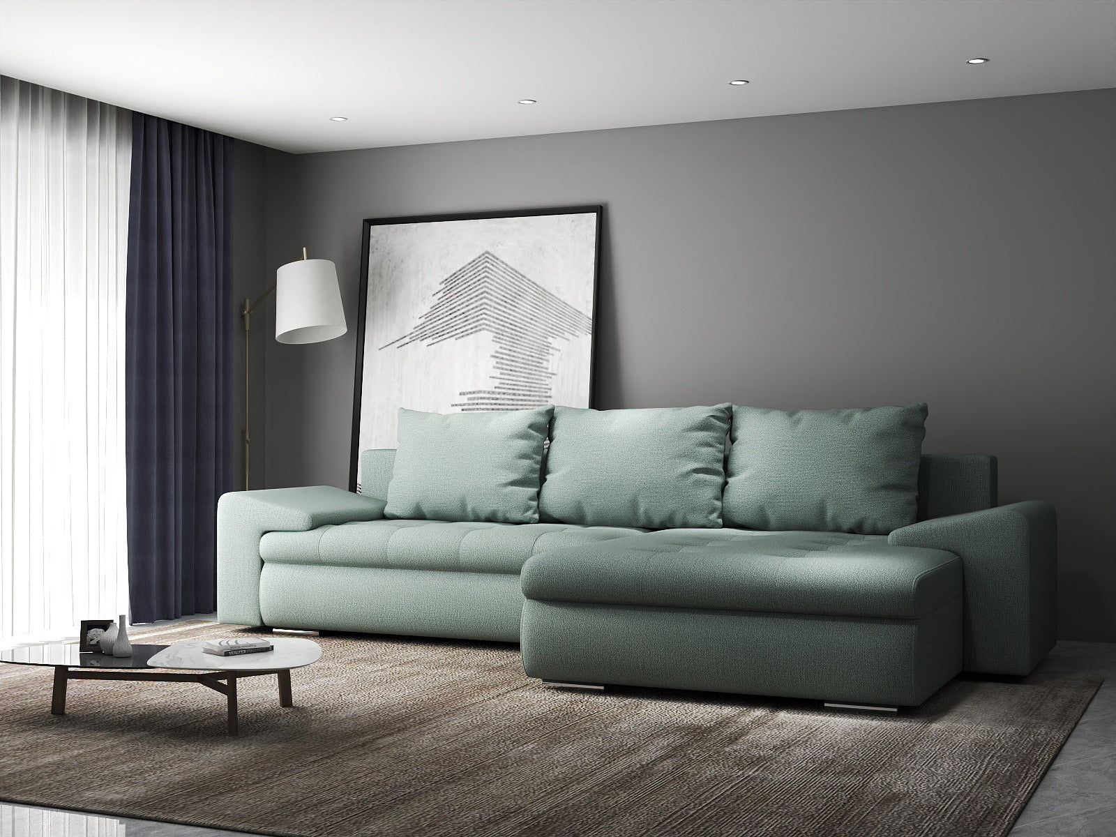 Colțar extensibil dumonde cu ladă de depozitare si sezut confortabil din spuma HR, Leonardo Enjoy Verde Mint 255x193 cm II Fabrica