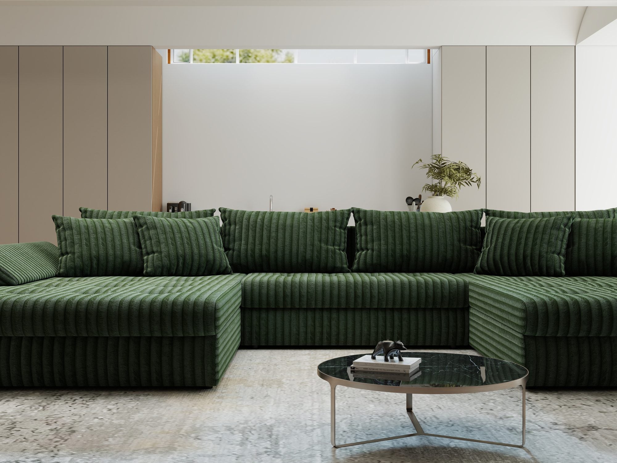 Colțar extensibil dumonde cu ladă de depozitare si sezut confortabil din spuma high-density, Loana U Tilia Verde 39 355x185 cm