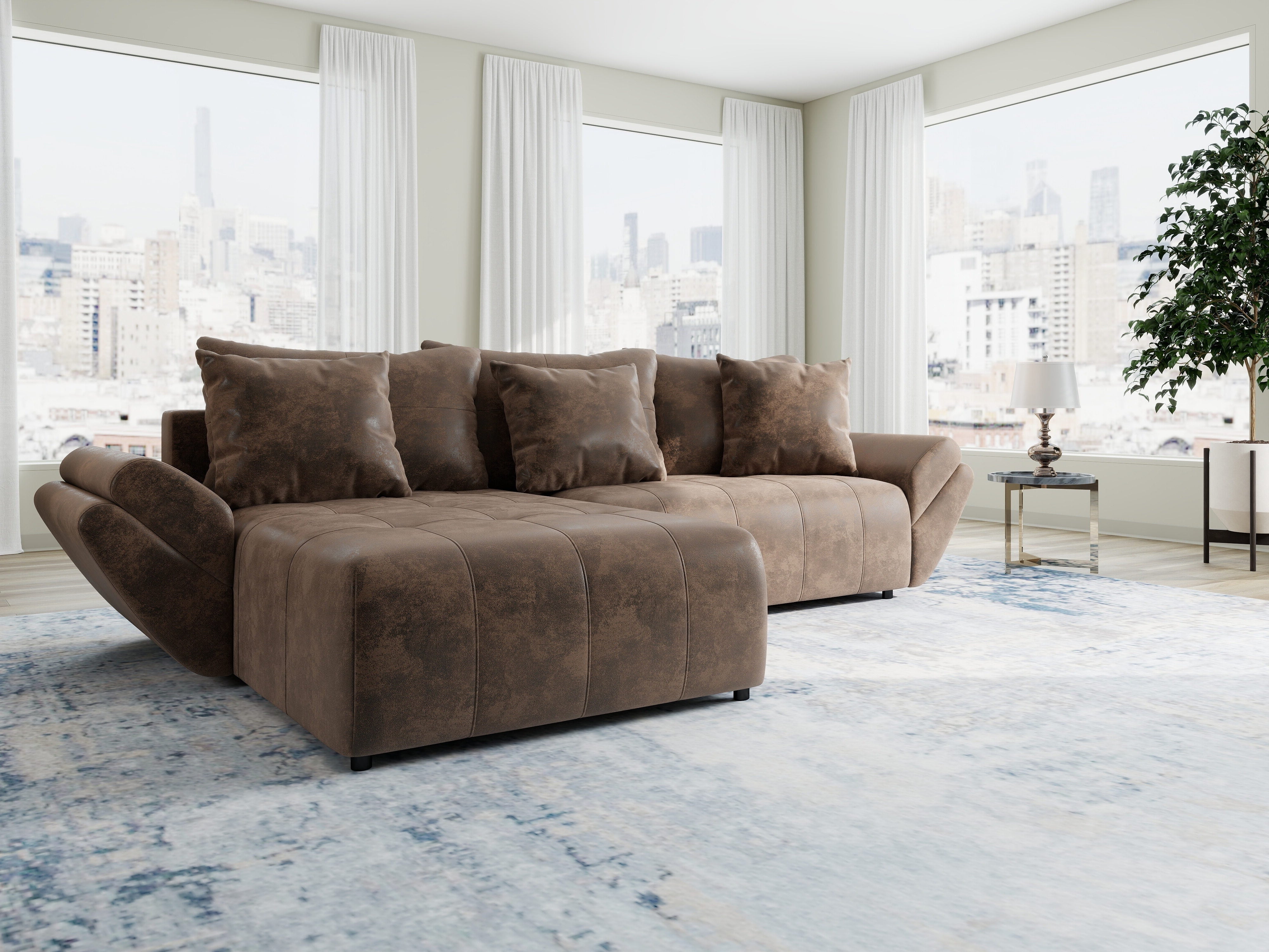 Colțar extensibil dumonde cu ladă de depozitare si sezut confortabil din spuma HR, Berlin Madagaskar Maro 280x185 cm