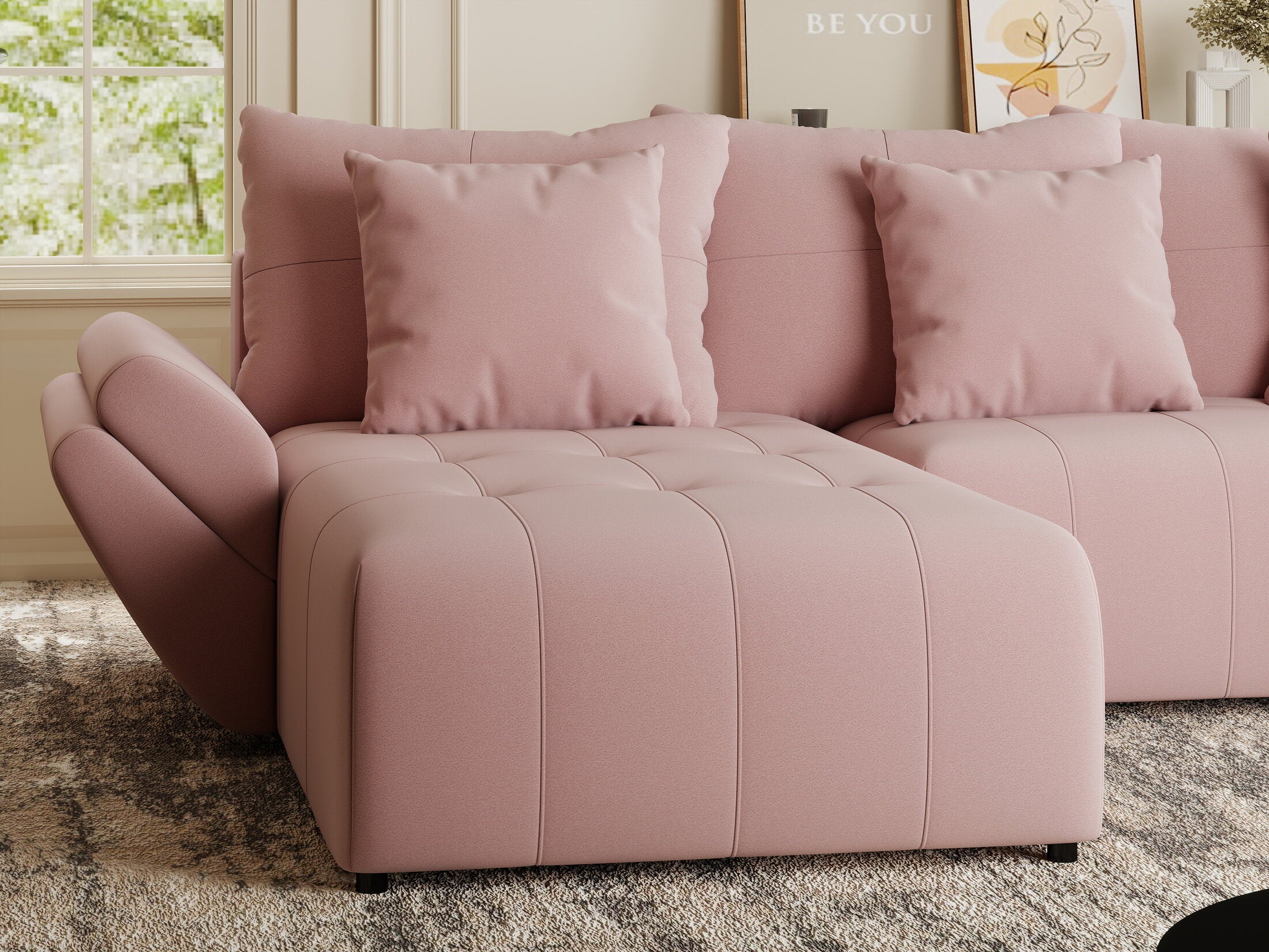 Colțar extensibil dumonde cu ladă de depozitare si sezut confortabil din spuma HR, Berlin Royal Roz 280x185 cm