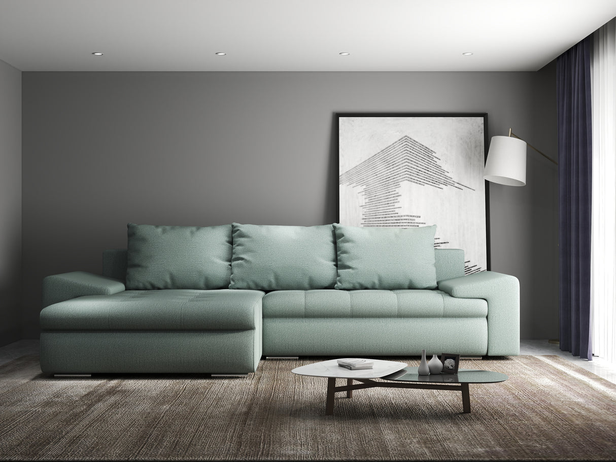 Colțar extensibil dumonde cu ladă de depozitare si sezut confortabil din spuma HR, Leonardo Enjoy Verde Mint 255x193 cm
