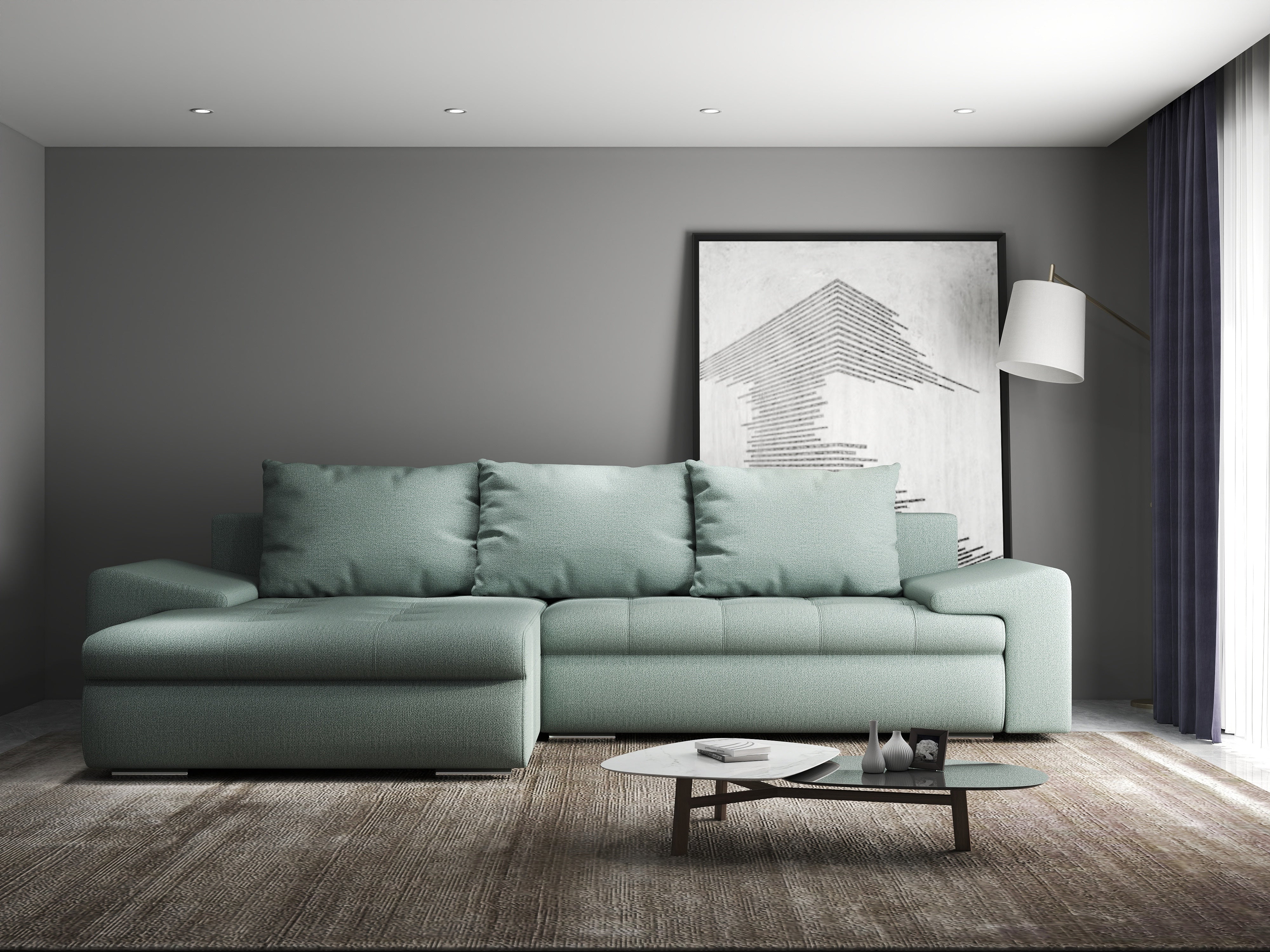 Colțar extensibil dumonde cu ladă de depozitare si sezut confortabil din spuma HR, Leonardo Enjoy Mint 255x193 cm Fabrica