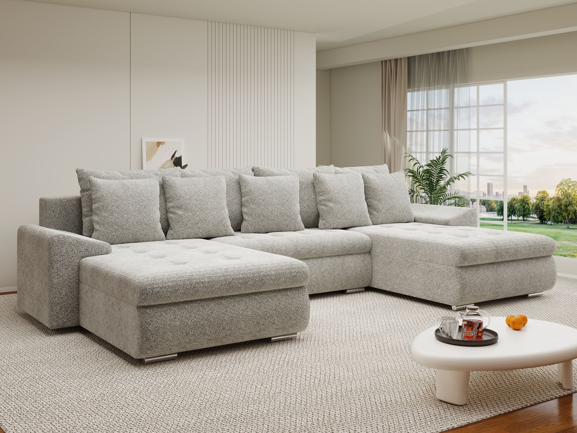 Colțar extensibil dumonde cu ladă de depozitare si sezut confortabil din spuma high-density, Leonardo U Arena Bej 02 360x185 cm