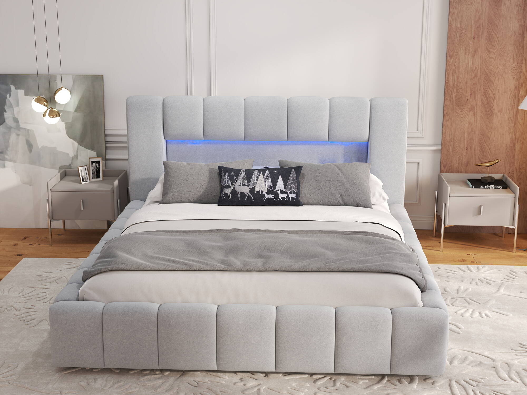 Pat dormitor dumonde, tapitat bej, Palermo 180X200 cm, somiera rabatabila inclusa, spatiu depozitare