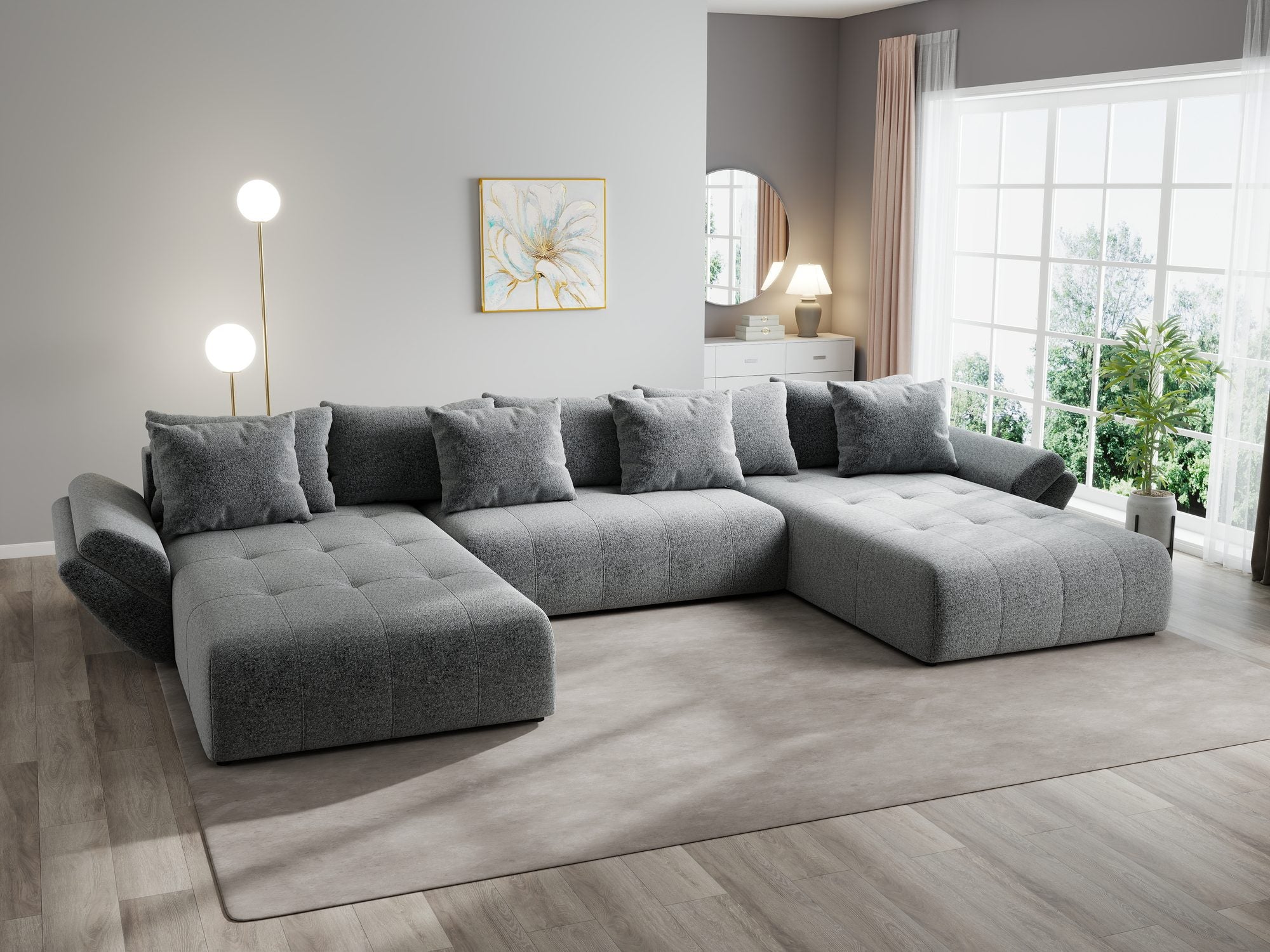 Colțar extensibil dumonde cu ladă de depozitare si sezut confortabil din spuma high-density, Berlin U Monte Gri 90 380x180 cm
