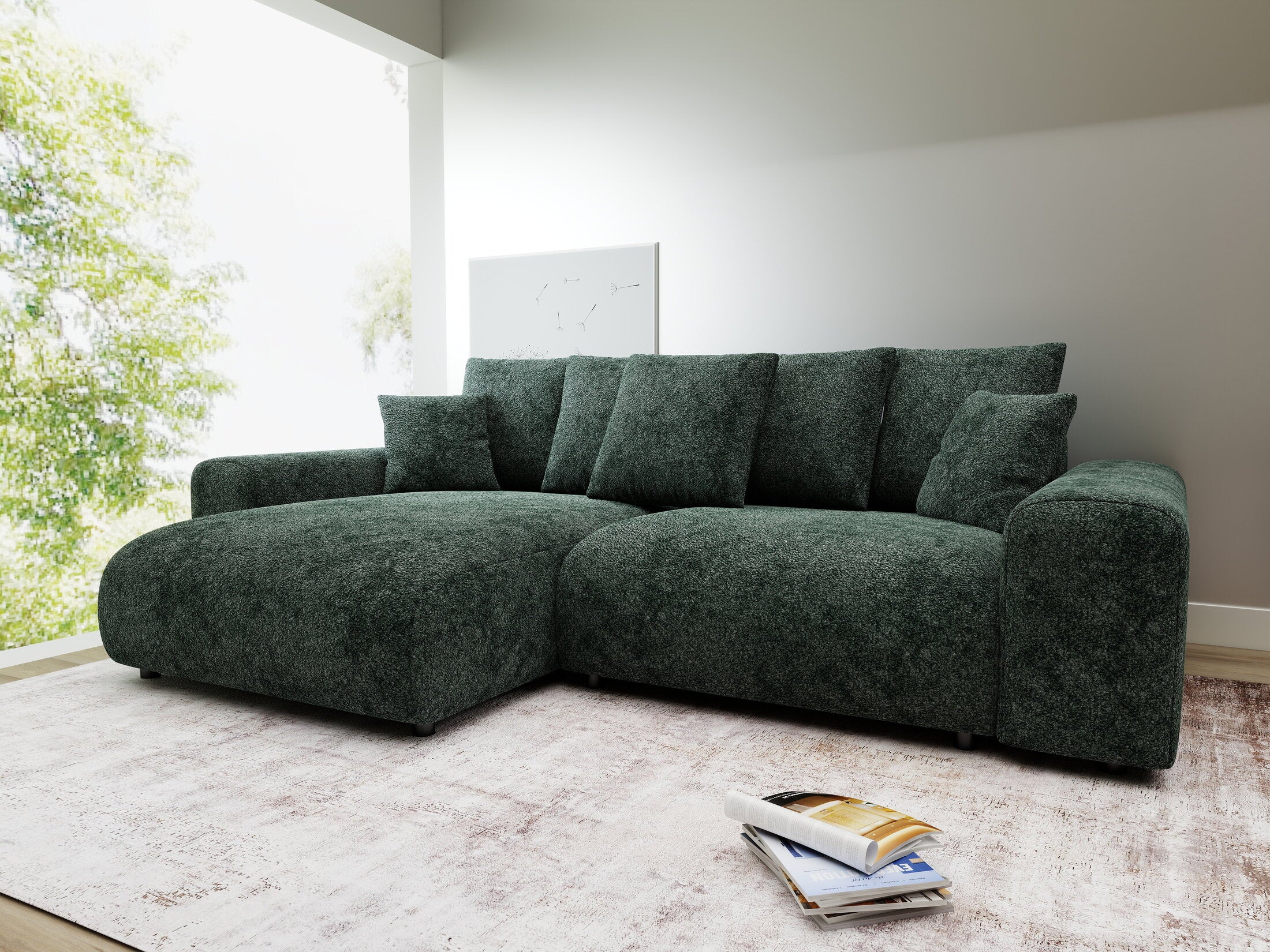 Colțar extensibil dumonde cu ladă de depozitare și șezut confortabil din spumă HR, Luma Euphoria Verde 255x168 cm