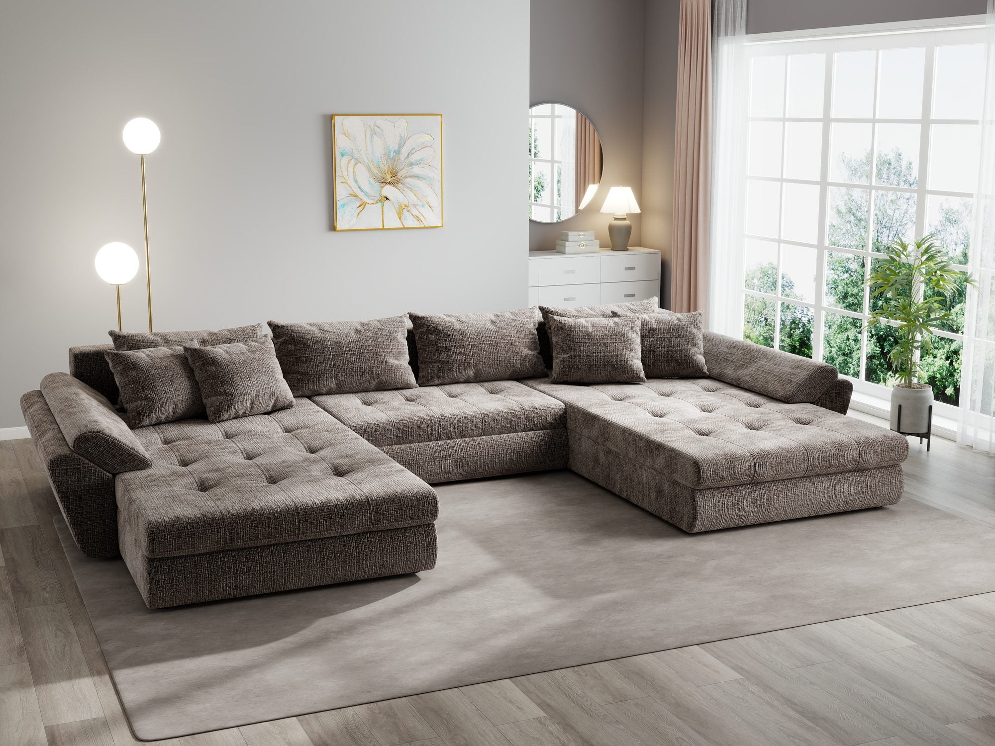 Colțar extensibil dumonde cu ladă de depozitare si sezut confortabil din spuma high-density, Loana U Cremona Maro-bej 24 355x185 cm