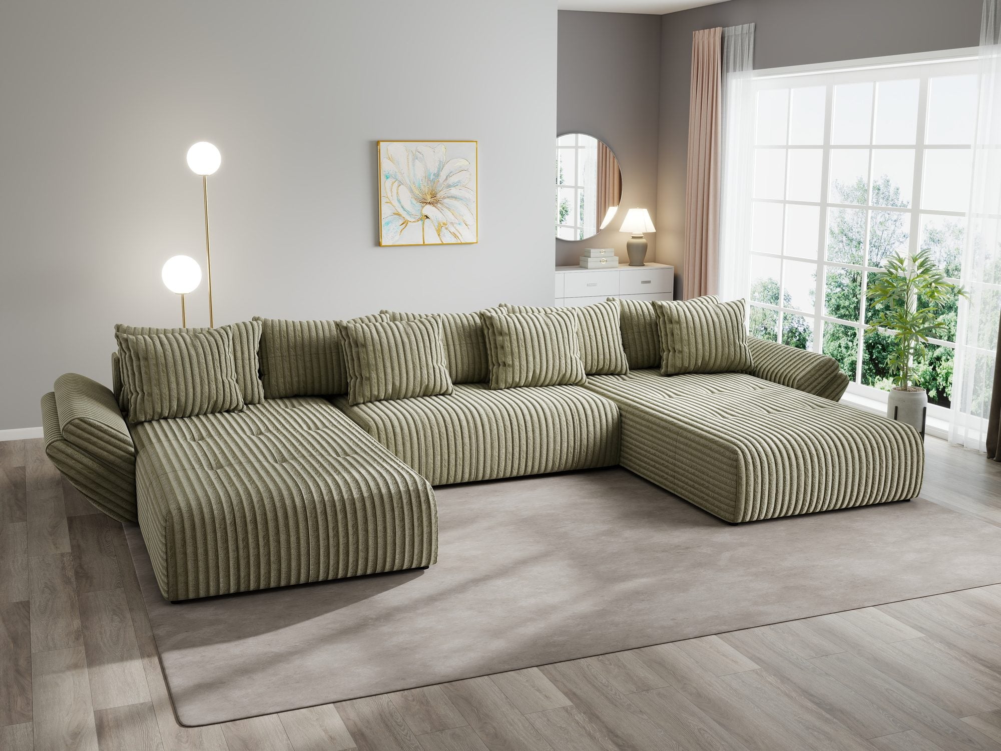 Colțar extensibil dumonde cu ladă de depozitare si sezut confortabil din spuma high-density, Berlin U Tilia Verde Olive 37 380x180 cm
