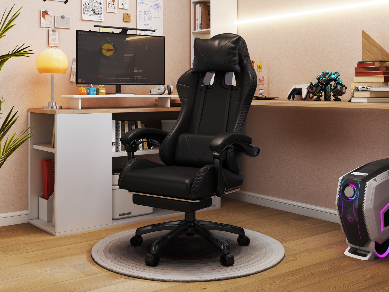 Scaun gaming Dumonde PULSE, LED, mecanism multifuncțional, ecopiele, suport picioare, negru