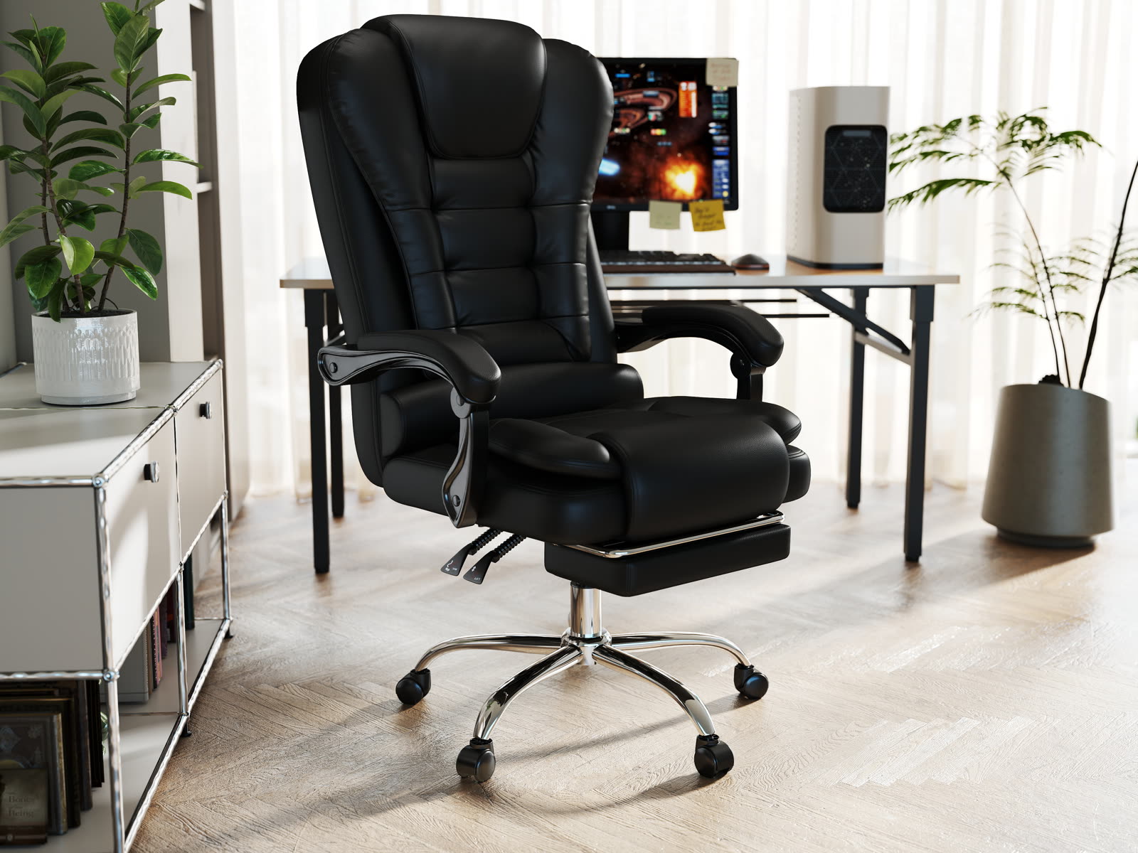 Scaun Directorial Dumonde OMEGA, cotiere 3D, mecanism multifuncțional, ecopiele, suport picioare, negru