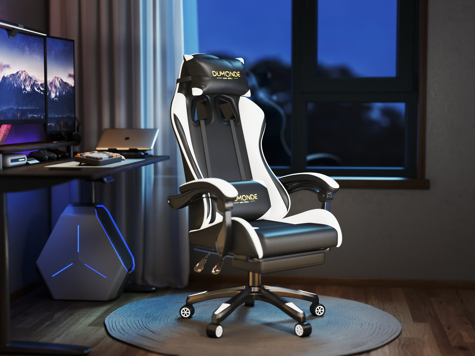 Scaun gaming Dumonde NIGHTFAL, mecanism multifuncțional, ecopiele, suport picioare, alb/negru