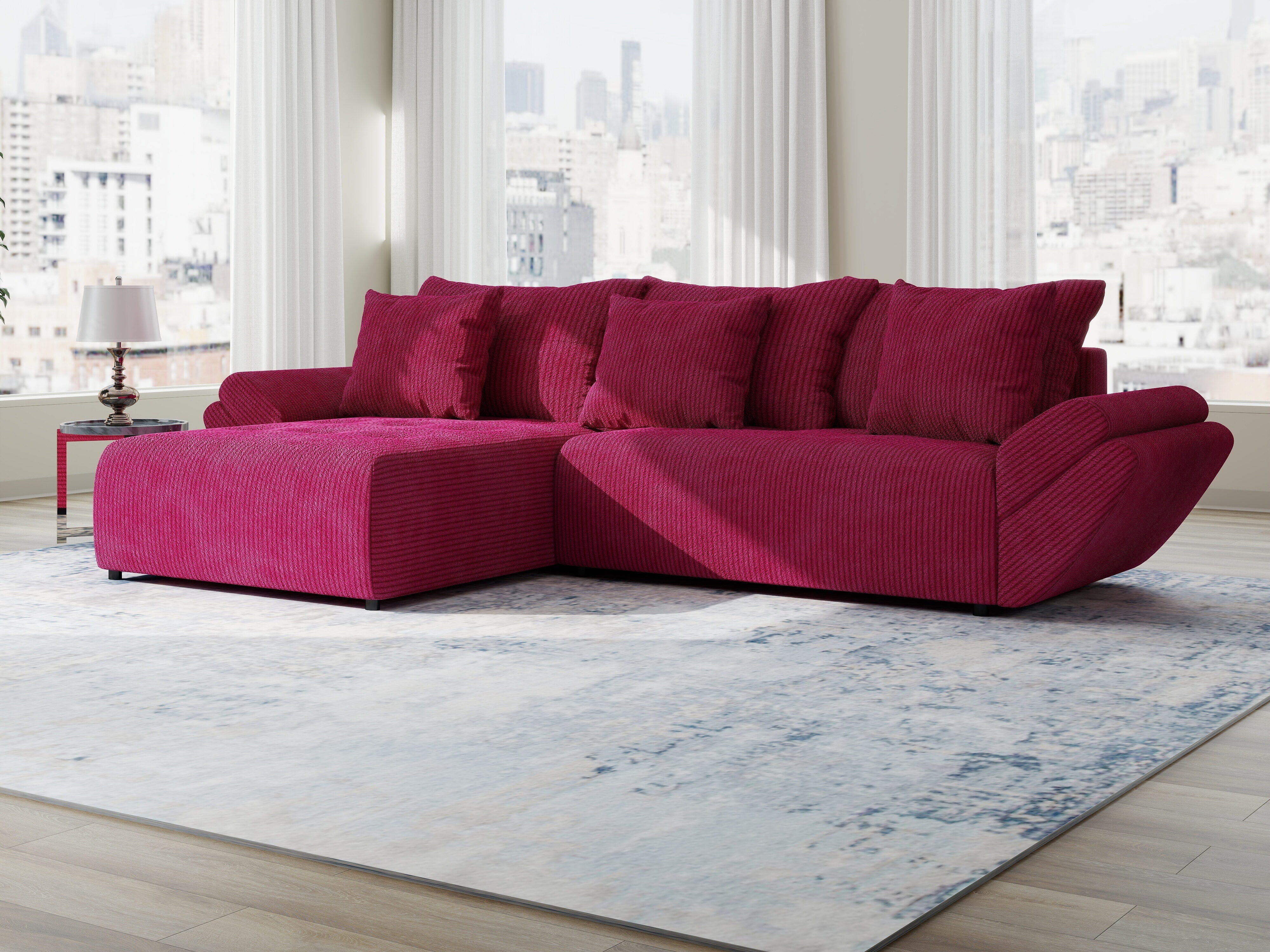 Colțar extensibil dumonde cu ladă de depozitare si sezut confortabil din spuma HR, Berlin Zoom Rosu 280x185 cm