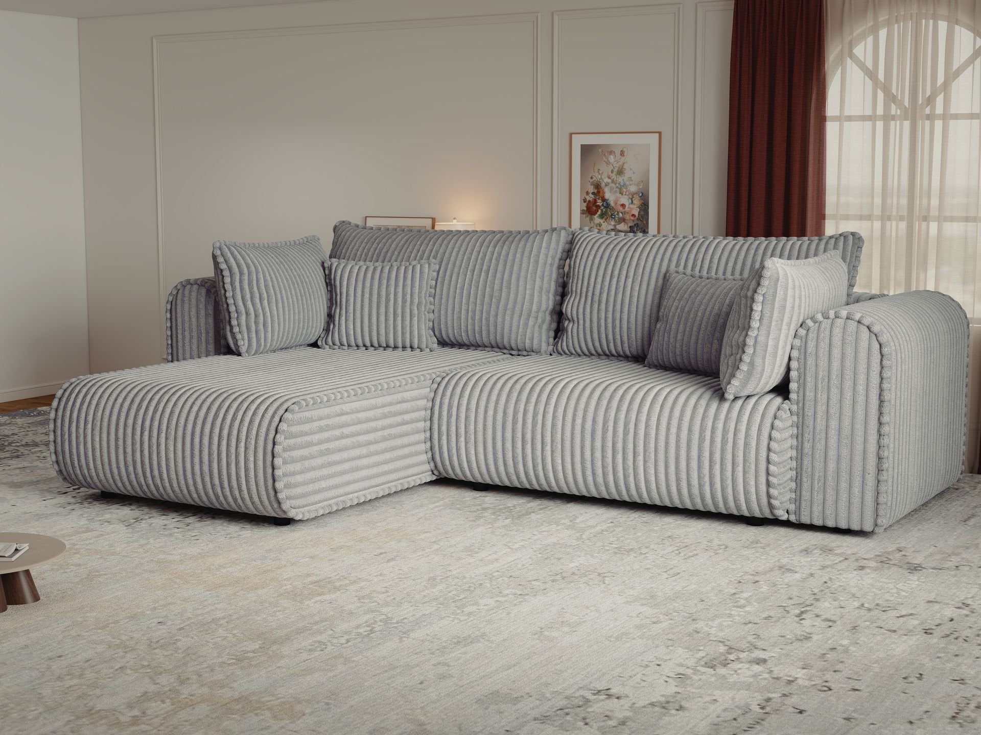 Colțar extensibil dumonde cu ladă de depozitare si sezut confortabil din spuma high-density, Monaco L Tilia Dove 270x100 cm