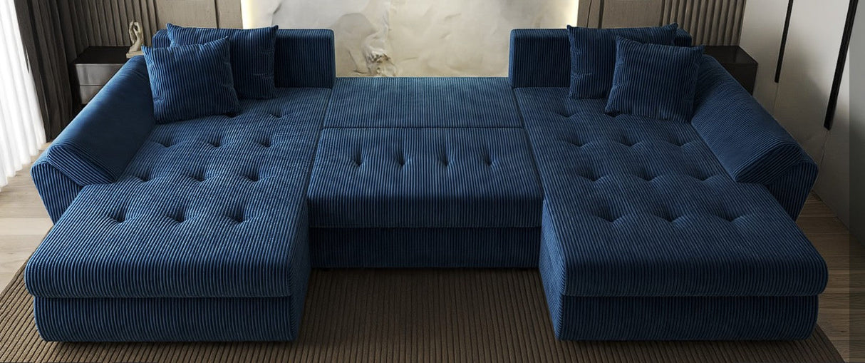 Colțar extensibil dumonde cu ladă de depozitare si sezut confortabil din spuma HR, Loana U Bleumarin Zoom 355x185 cm Fabrica