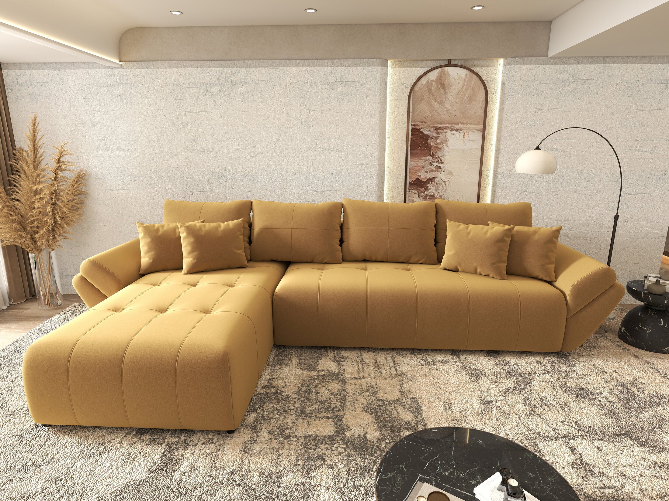 Colțar extensibil dumonde cu ladă de depozitare si sezut confortabil din spuma HR, Berlin XL Royal Mustar 350x185 cm