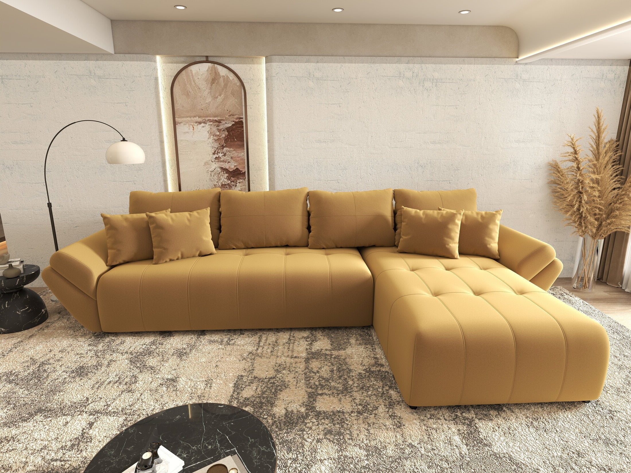 Colțar extensibil dumonde cu ladă de depozitare si sezut confortabil din spuma HR, Berlin XL Royal Mustar 350x185 cm II