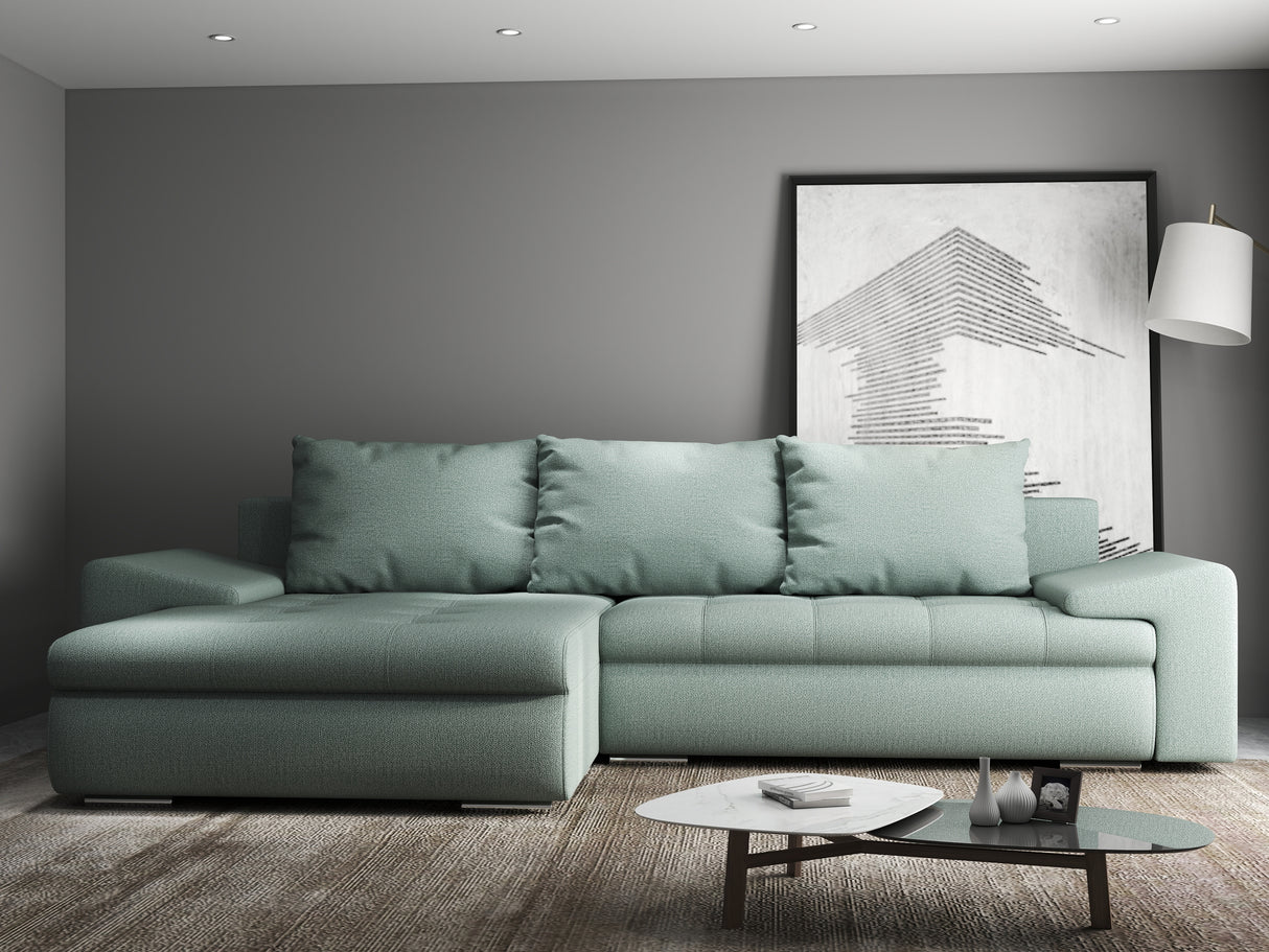 Colțar extensibil dumonde cu ladă de depozitare si sezut confortabil din spuma HR, Leonardo Enjoy Verde Mint 255x193 cm