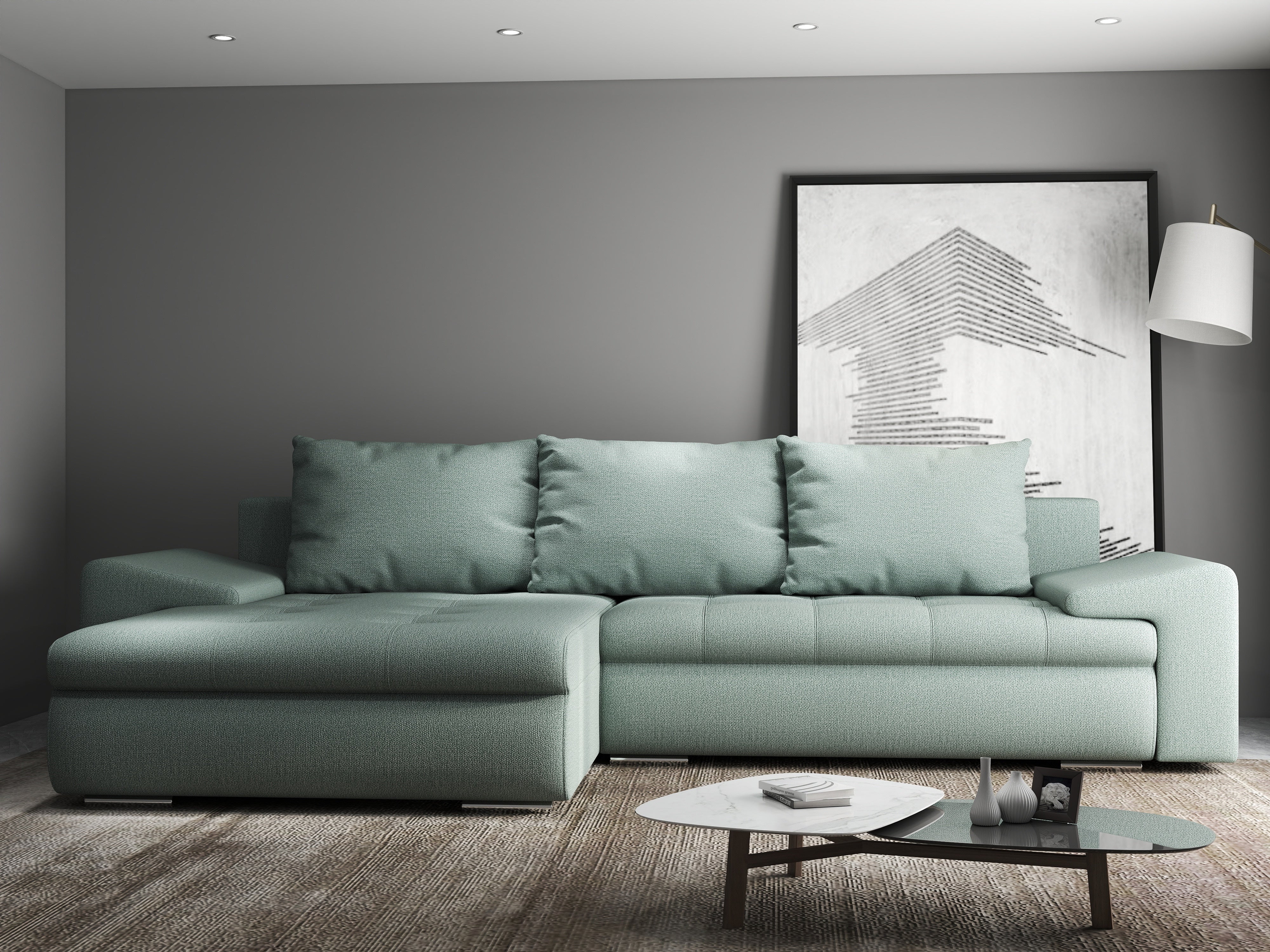 Colțar extensibil dumonde cu ladă de depozitare si sezut confortabil din spuma HR, Leonardo Enjoy Mint 255x193 cm Fabrica
