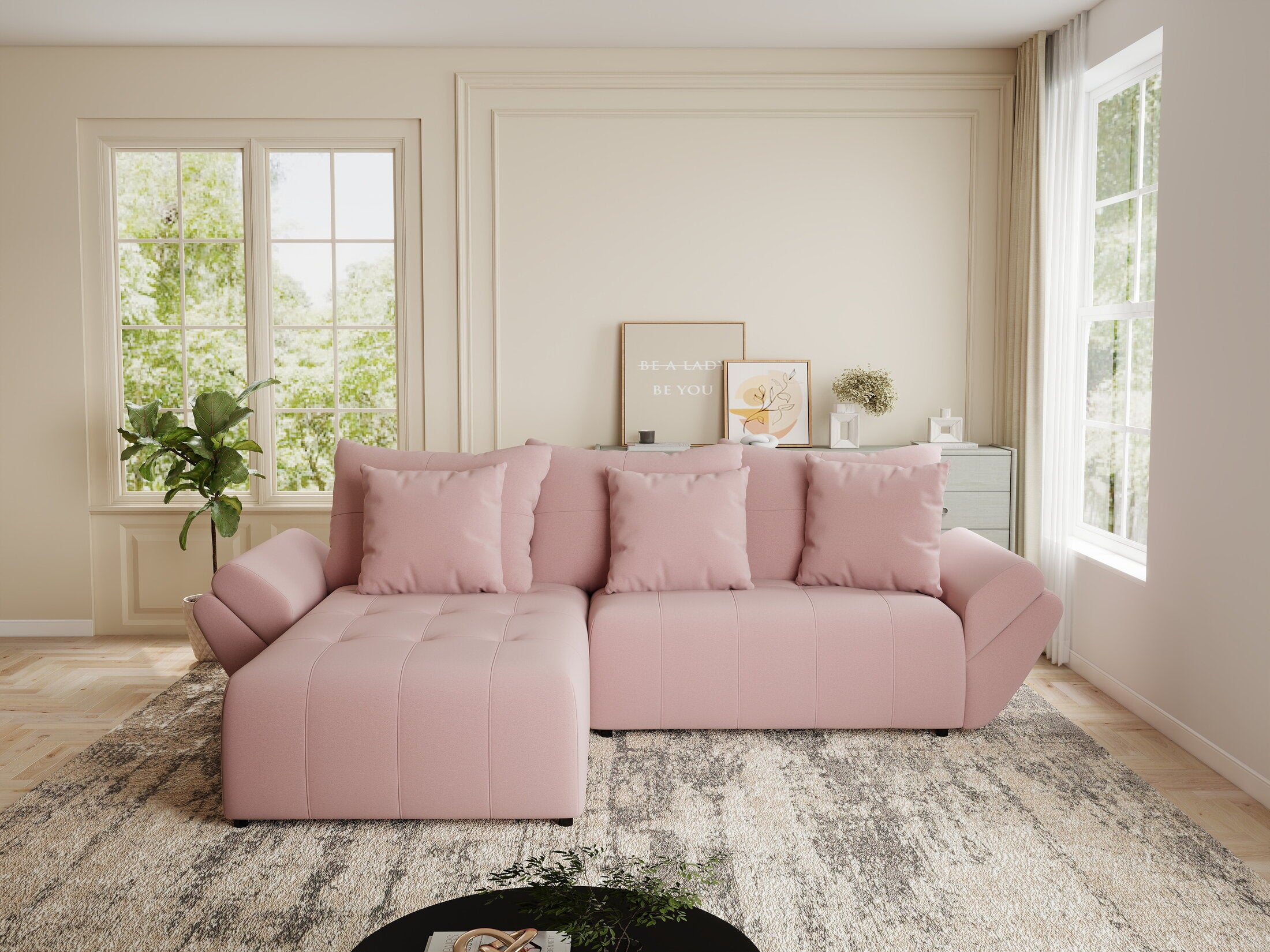 Colțar extensibil dumonde cu ladă de depozitare si sezut confortabil din spuma HR, Berlin Royal Roz 280x185 cm