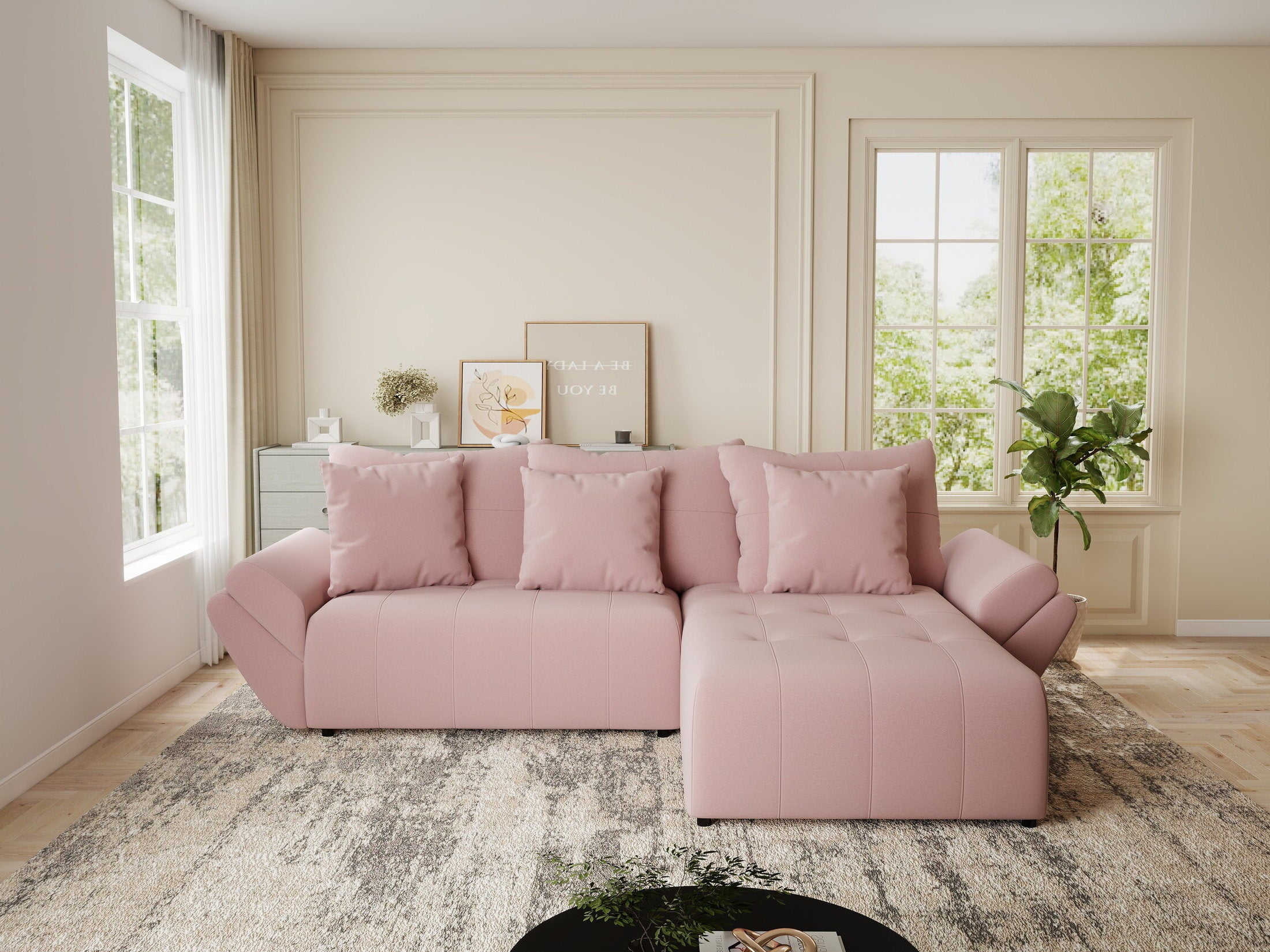 Colțar extensibil dumonde cu ladă de depozitare si sezut confortabil din spuma HR, Berlin Royal Roz 280x185 cm II