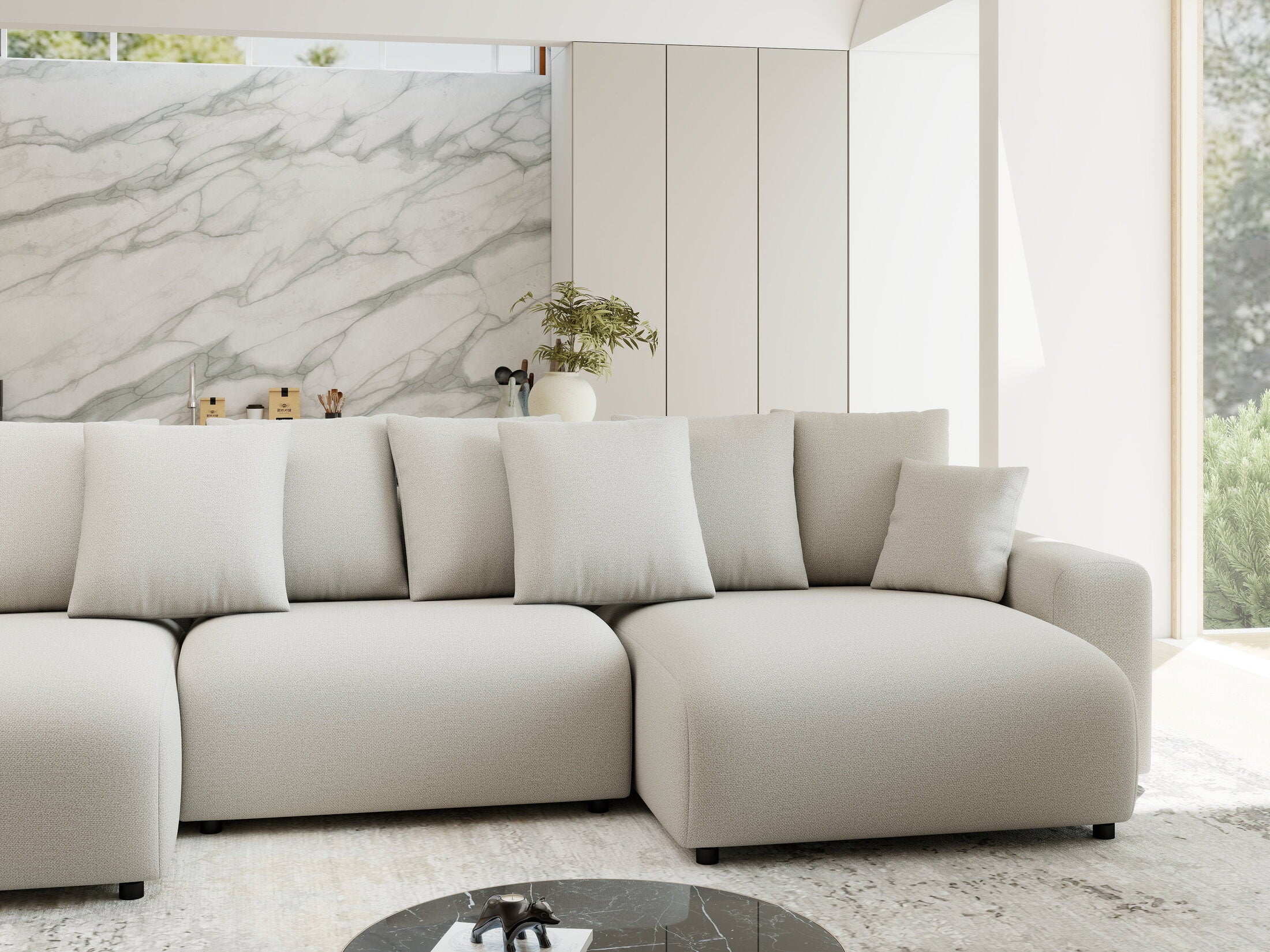 Colțar extensibil dumonde cu ladă de depozitare si sezut confortabil din spuma HR, Luma U Enjoy Bej 336x140 cm